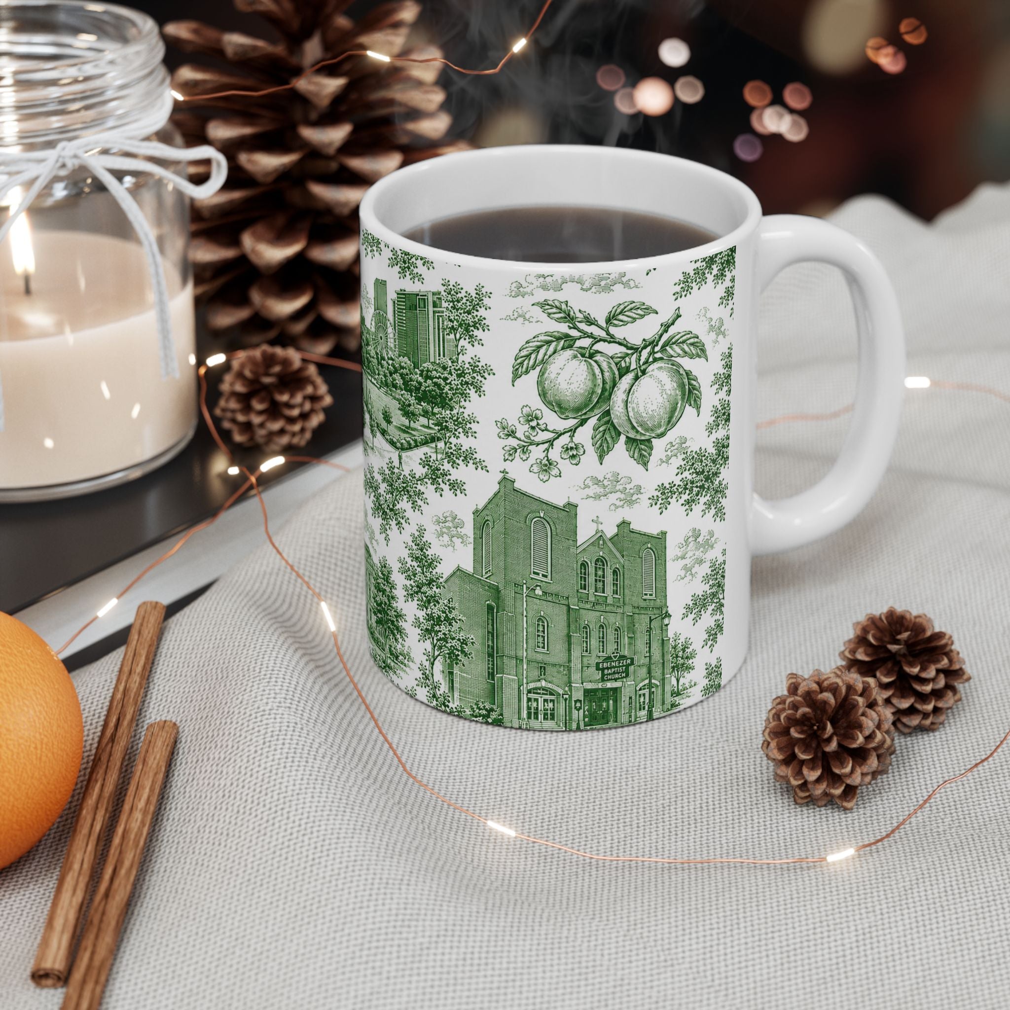 Atlanta Green Toile de Jouy Ceramic Mug — Atlanta, Georgia Skyline & Capitol Illustration (11oz)