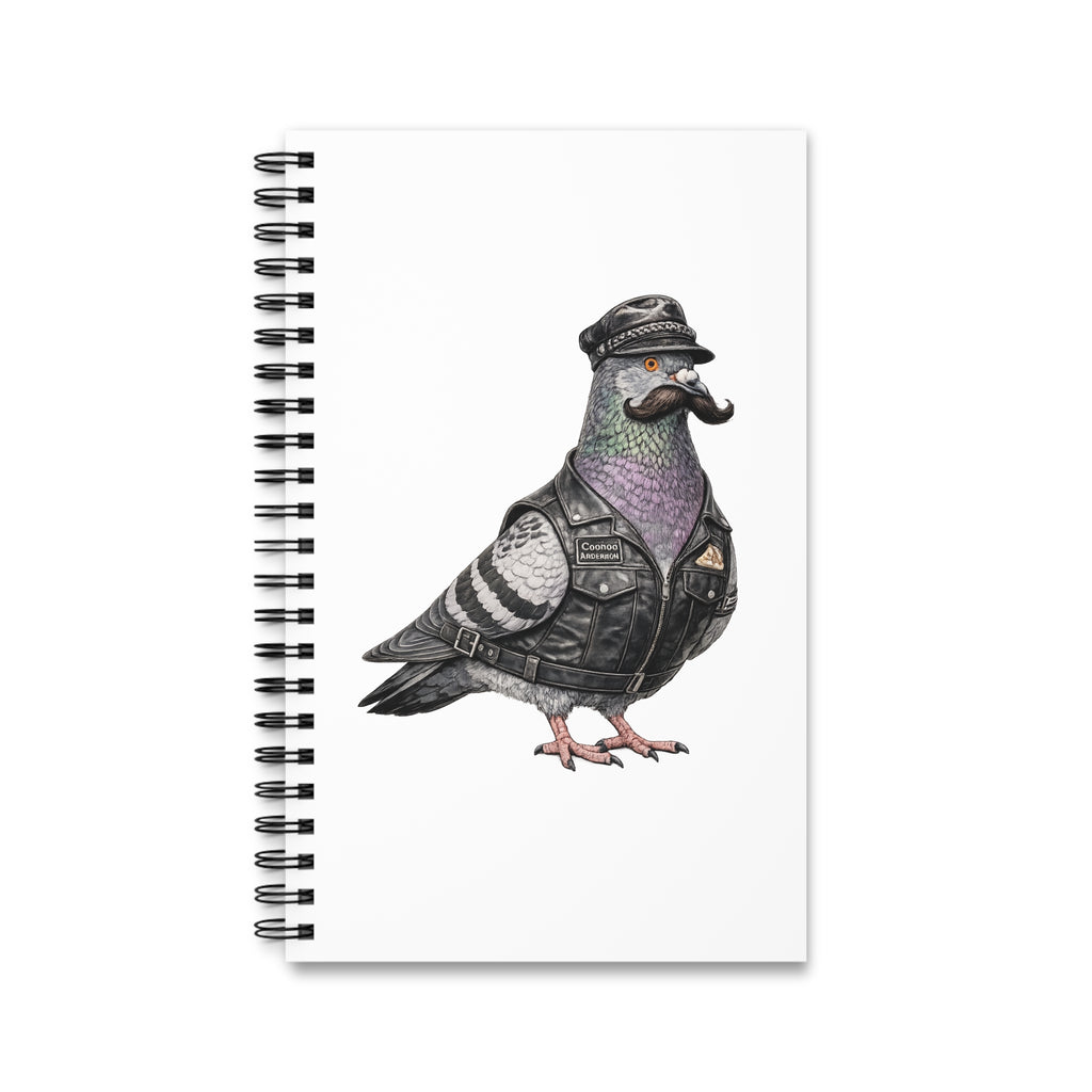 Customizable Chelsea NYC Pigeon Spiral Journal | LGBTQ Black Leather Biker Bird Lovers Notebook