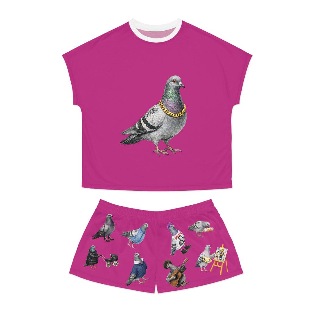 Conjunto de pijama corto con estampado de palomas rosas de Nueva York | Pijamas con estampado de amantes de las aves de Nueva York Ropa de dormir cómoda