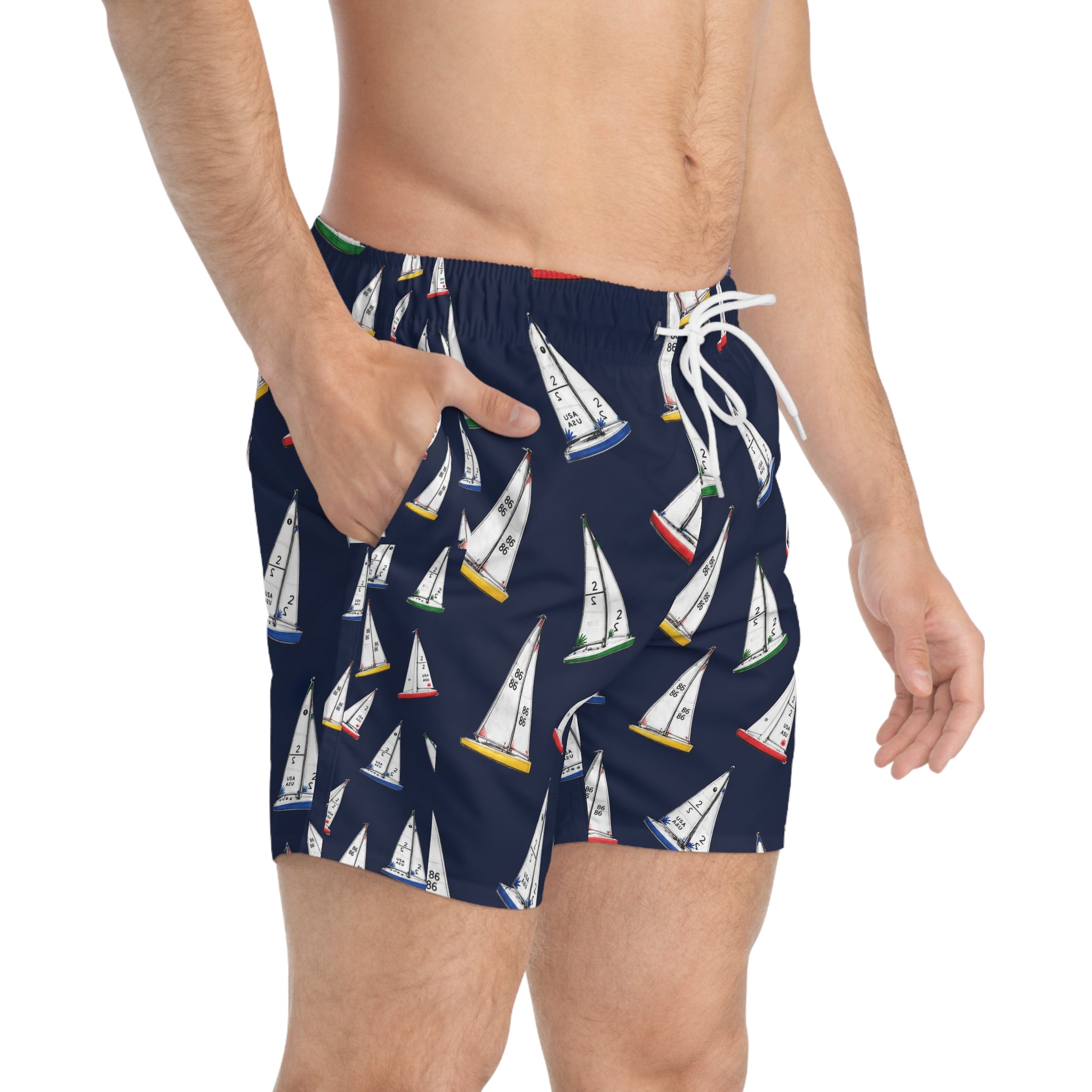 Central Park Model Sailboats Print Swim Trunks — Men's Navy All-Over Sail Pattern