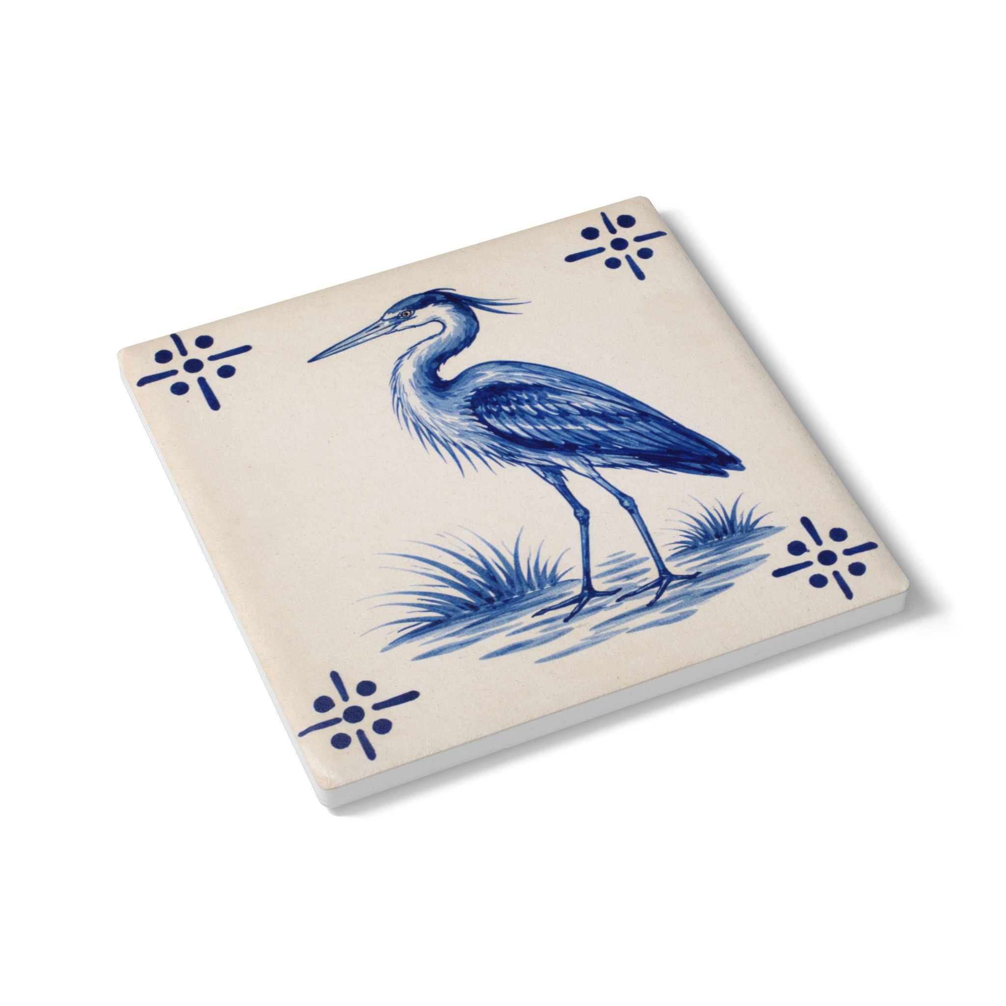 Staten Island Blue Heron Ceramic Coaster – Coastal Azulejos-style Tile Drink Coaster