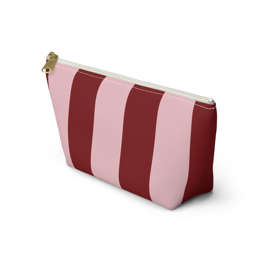 Customizable Striped Accessory Pouch — Pink & Red T-Bottom Makeup Bag