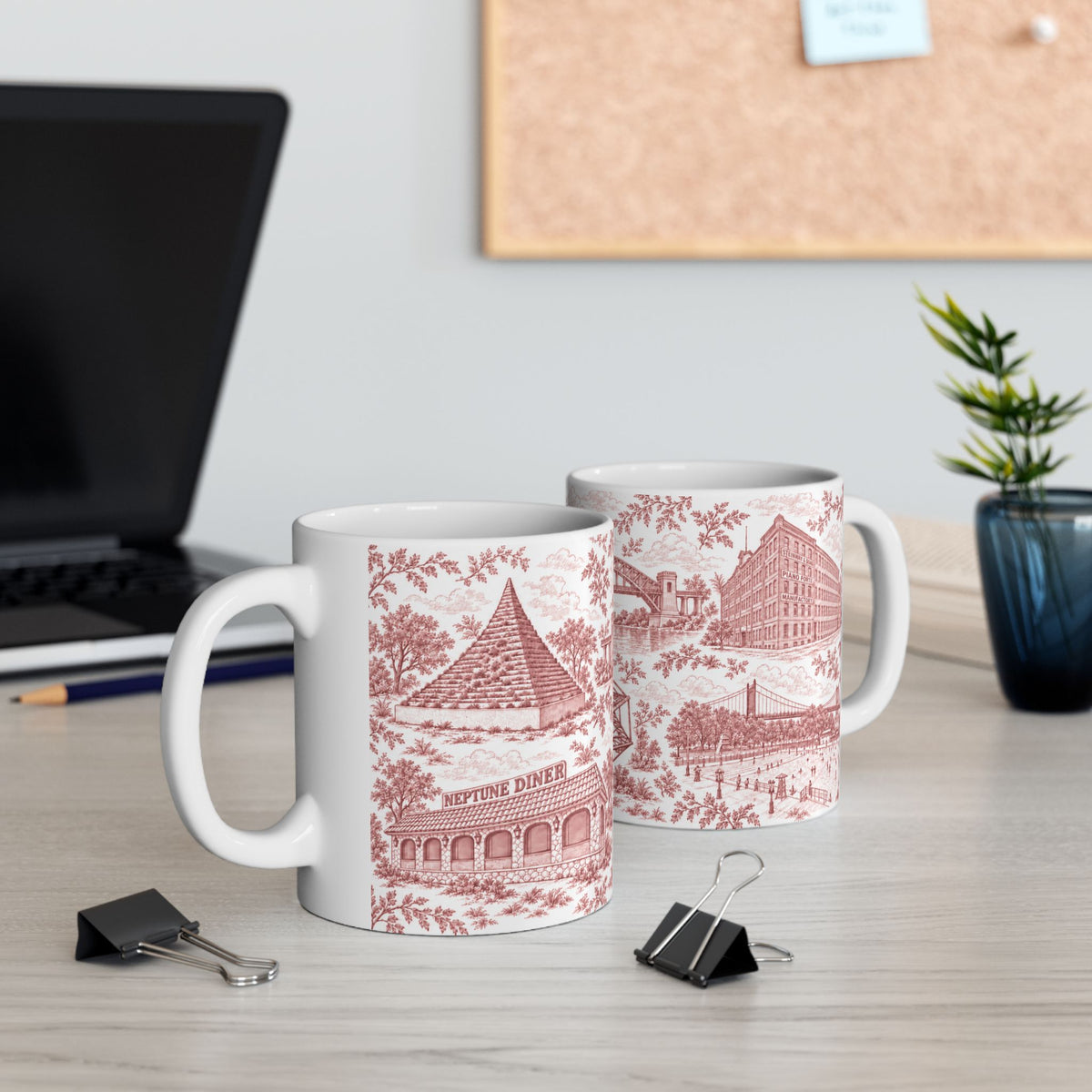 Astoria Red Toile Cityscape Ceramic Mug — 11oz Decorative Coffee Cup