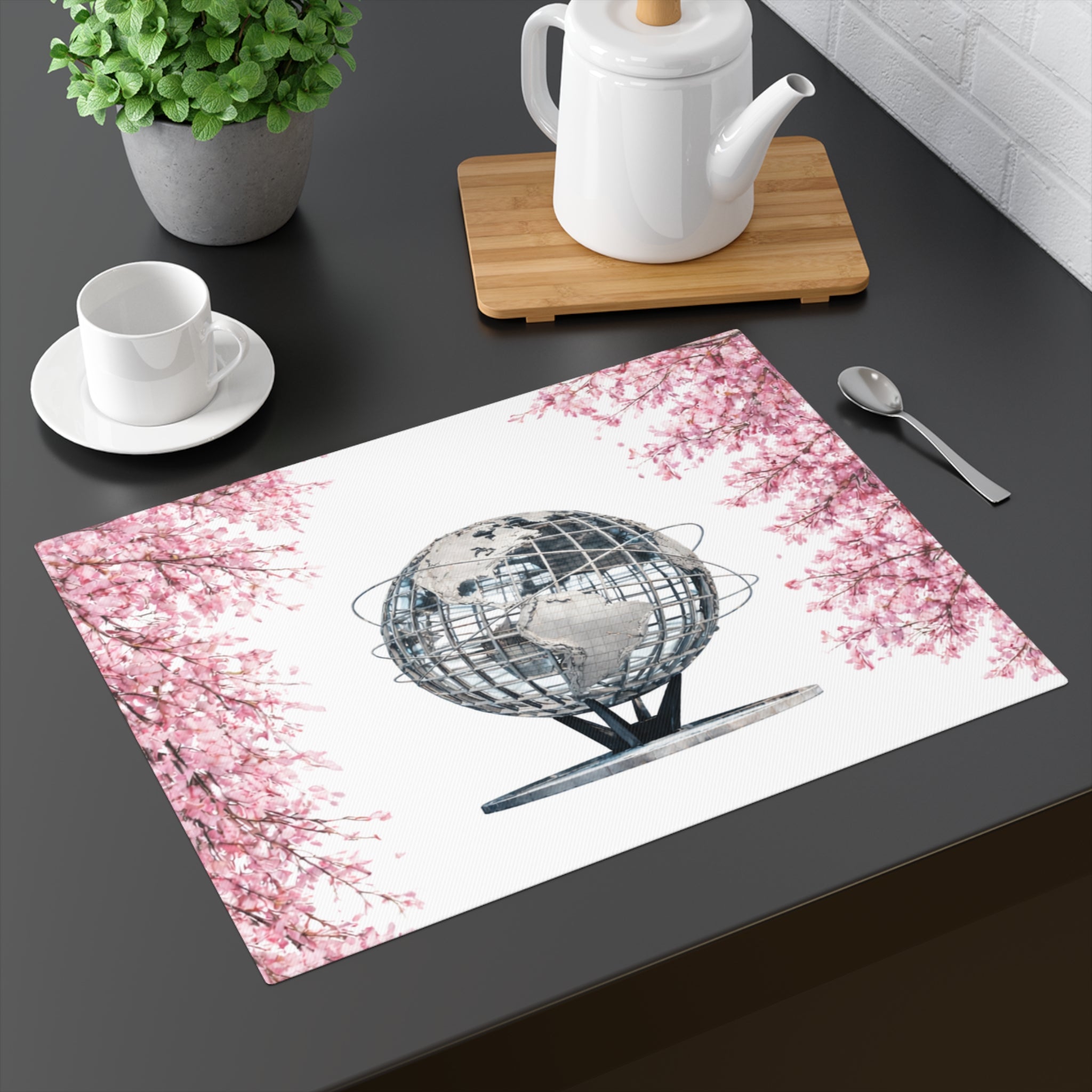 Cherry Blossoms Framing  Unisphere Tabletop Placemat — NYC Queens Flushing Meadows–Corona Park Floral Sakura Table Mat