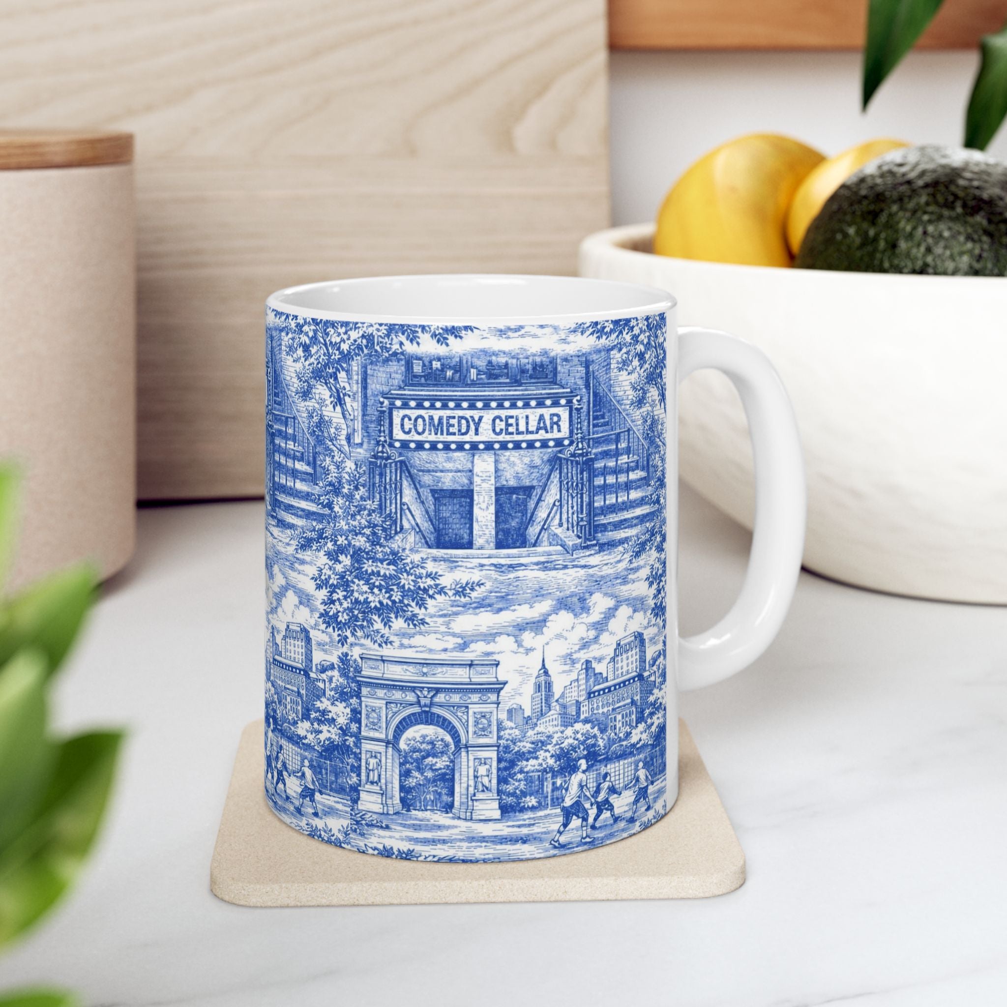 Greenwich Village Blue and White Toile de Jouy Mug | NYC Chinoiserie Ceramic Coffee Cup