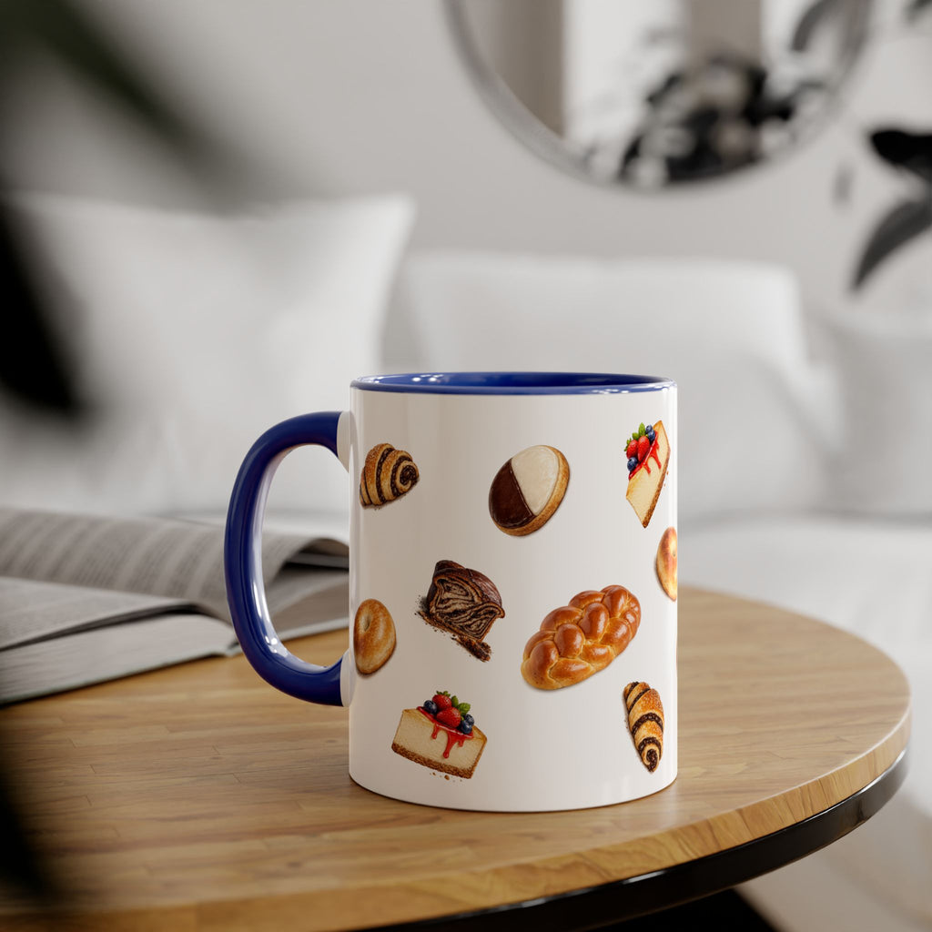 NYC Kosher Bakery Pattern Mug | Babka Cheesecake Rugelach Black + White Cookie Challah Bagel 11oz Ceramic Coffee Cup