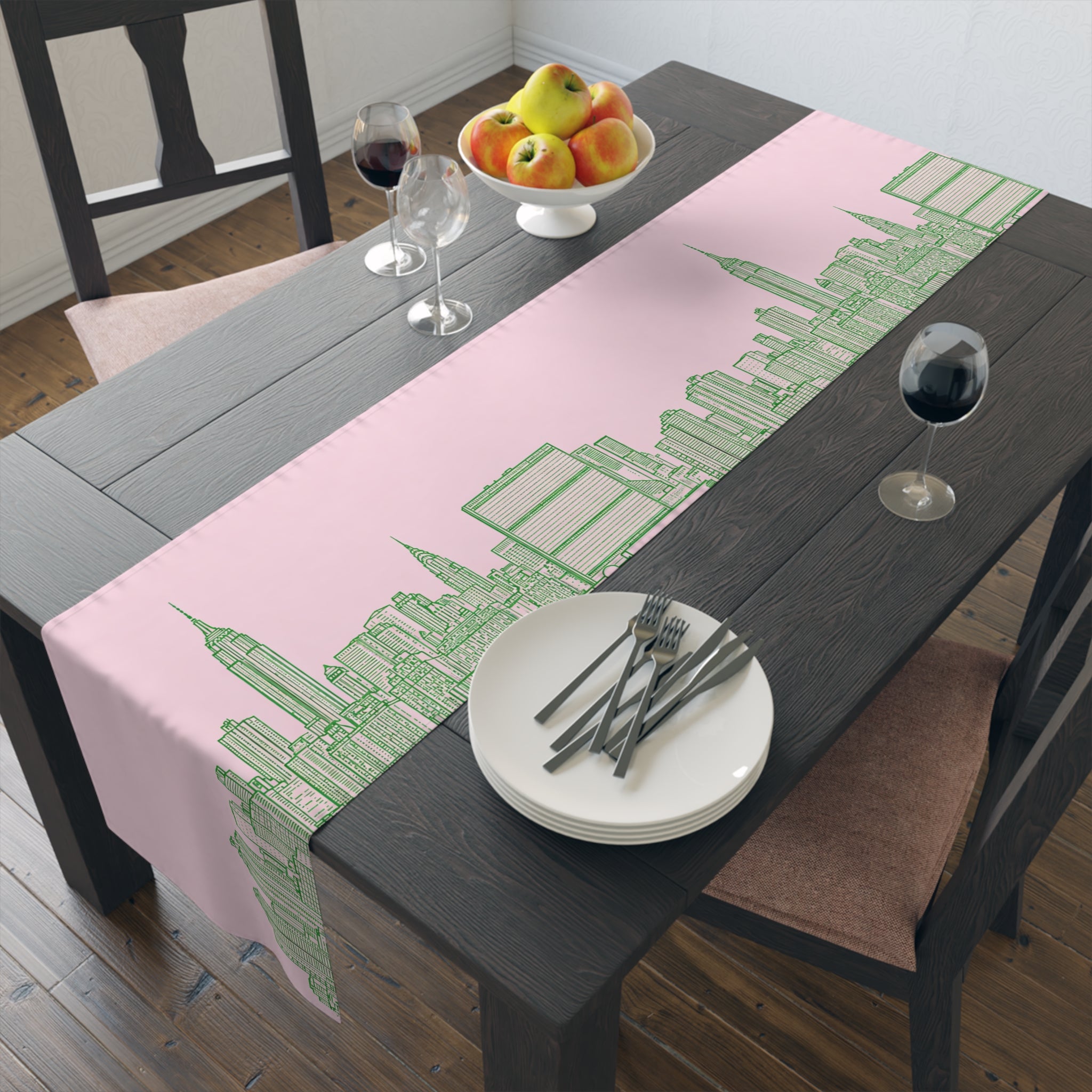 Pink & Green New York City Skyline Table Runner — NYC Manhattan Skyline Dining Table Decor