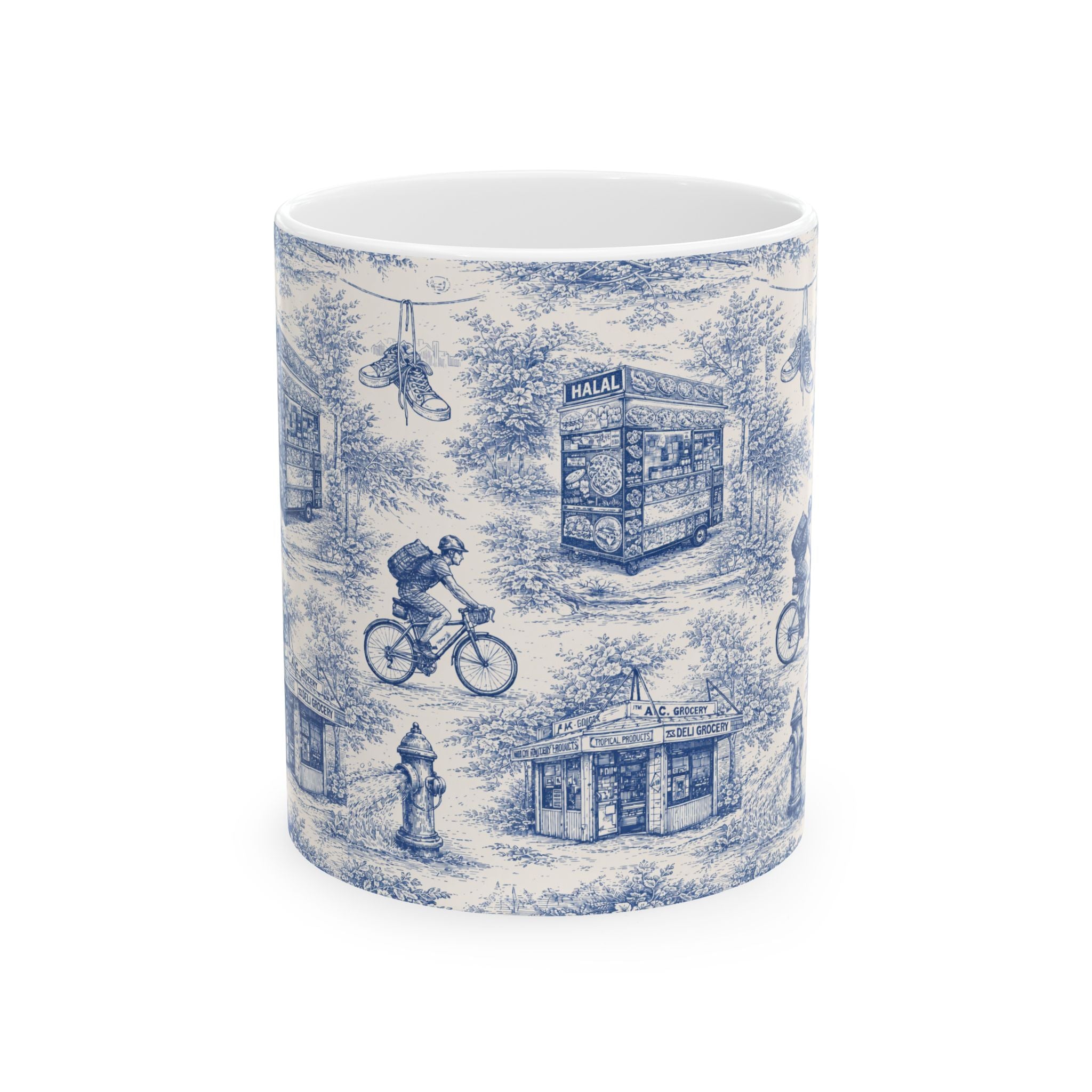 NYC Blue and White Toile City Scenes Mug | Chinoiserie Ceramic Coffee Cup