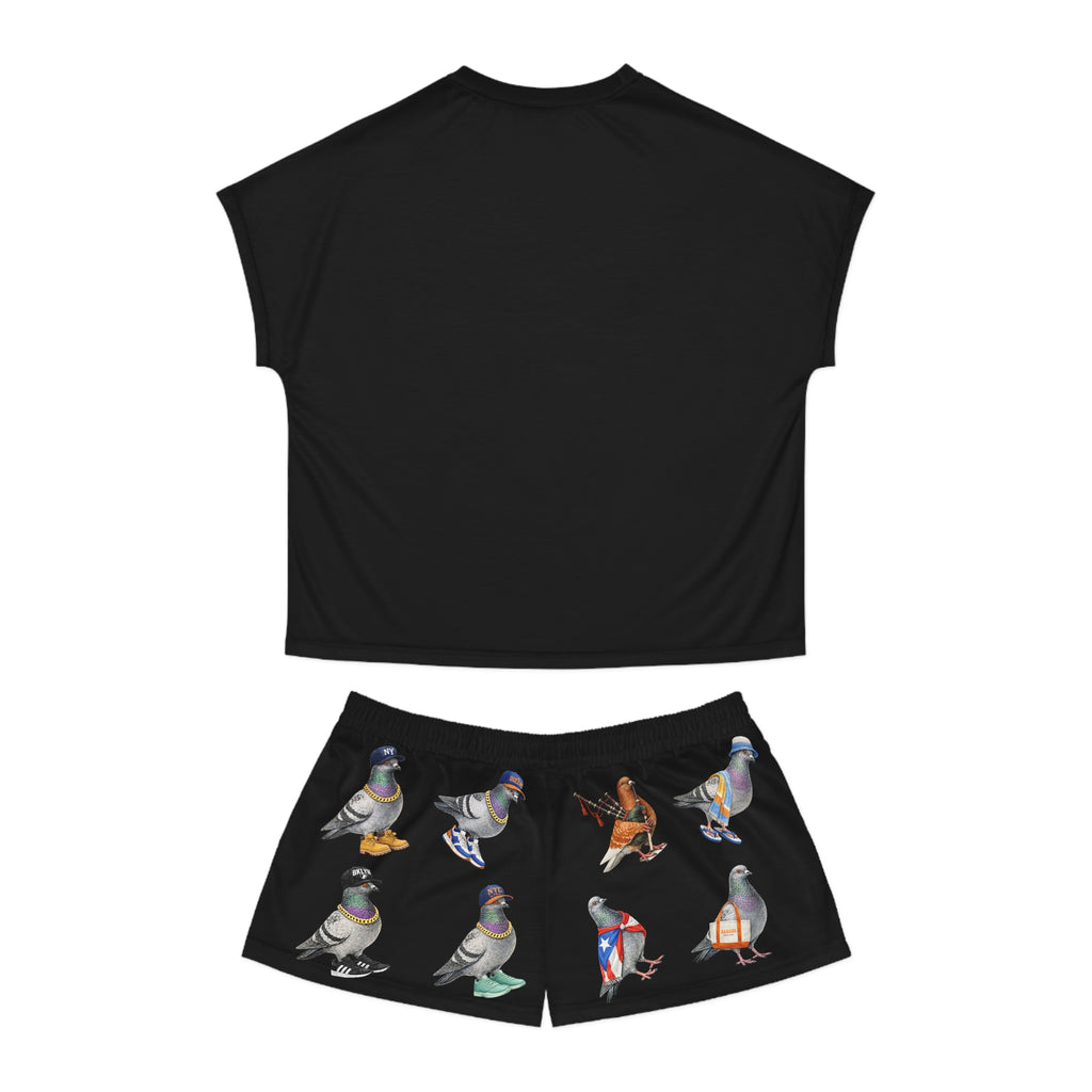 Black NYC Pigeons Pattern Short Pajama Set | New York City Bird Lovers Print PJs Cozy Sleepwear