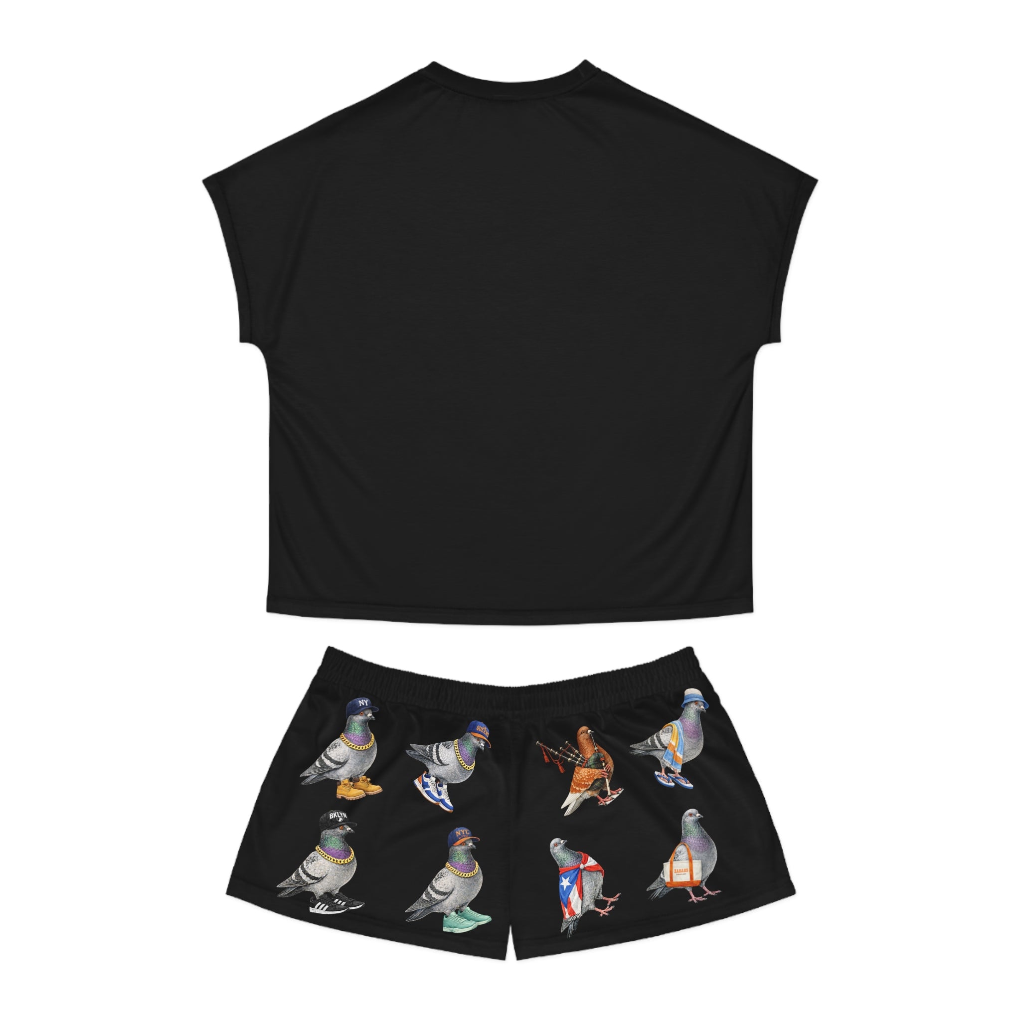 Black NYC Pigeons Pattern Short Pajama Set | New York City Bird Lovers Print PJs Cozy Sleepwear