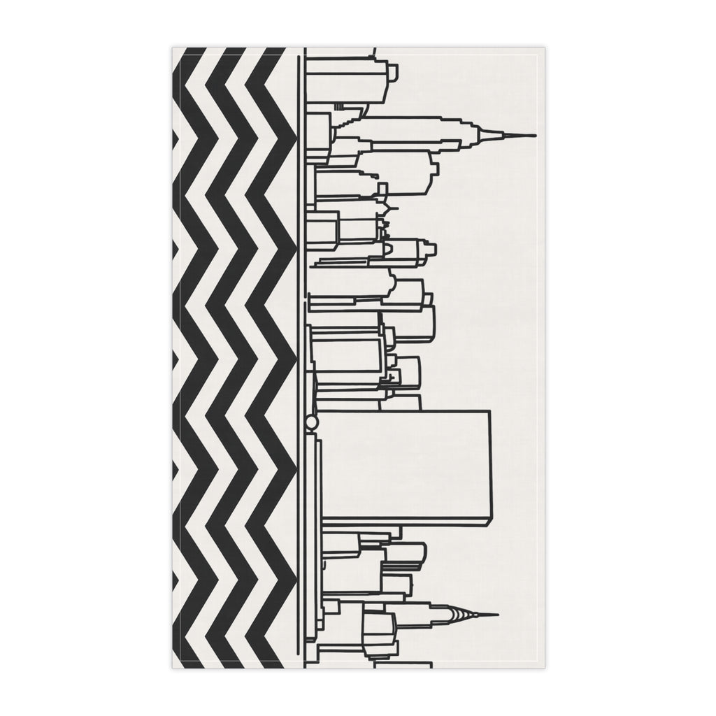 NYC Manhattan Skyline Chevron Tea Towel — Minimal Black & White New York City Skyline Kitchen Linen