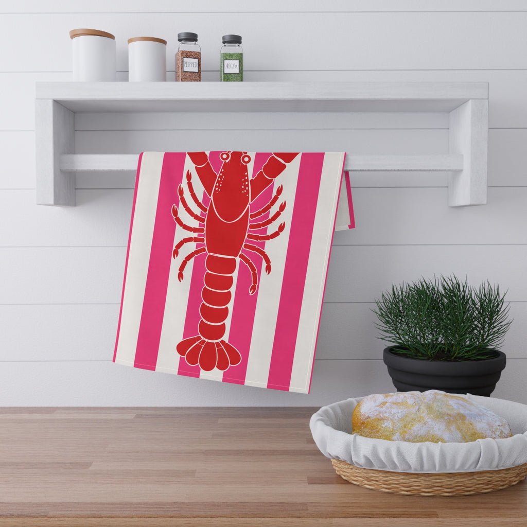 Hamptons Lobster Pink Tea Towel — ink & White Stripes Kitchen Linen