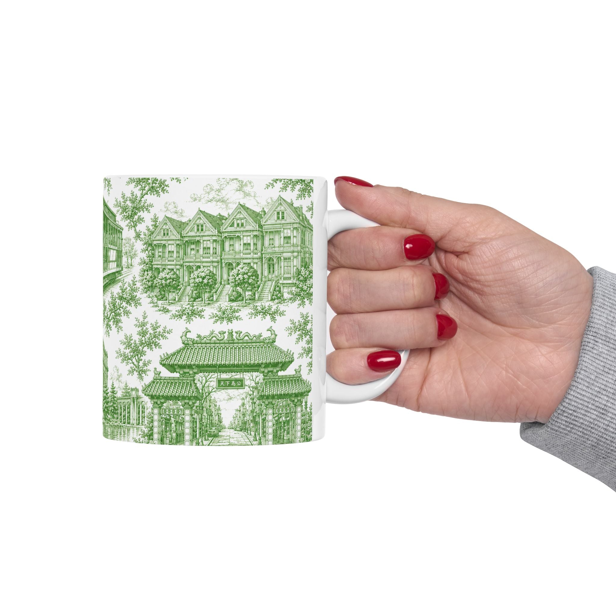 San Francisco Green Toile de Jouy Ceramic Mug — Vintage Cable Car & Palace of Fine Arts Design (11oz)