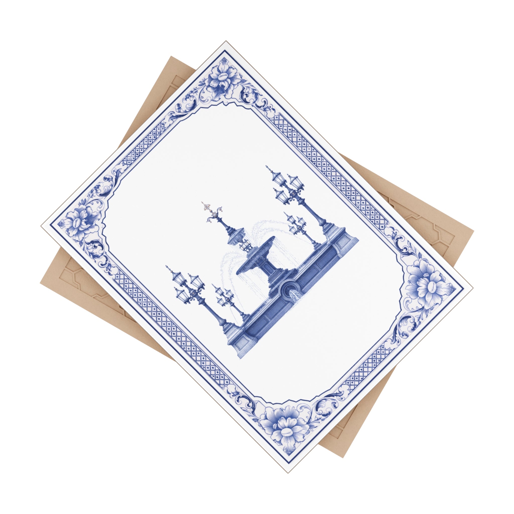 City Hall Park Jacob Wrey Mould Fountain Blue and White Azulejos-style Ceramic Shower Tile 6" x 8"