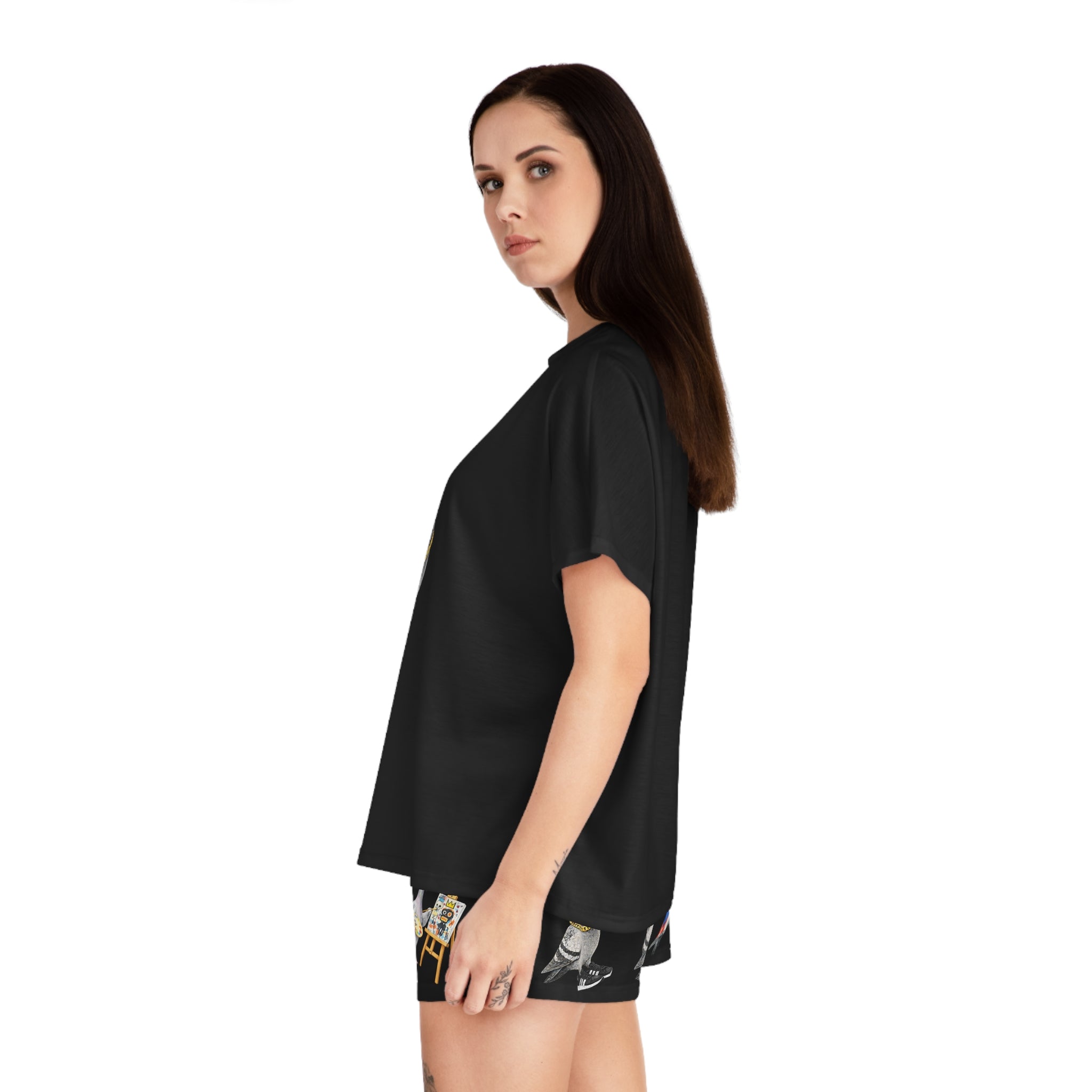Black NYC Pigeons Pattern Short Pajama Set | New York City Bird Lovers Print PJs Cozy Sleepwear