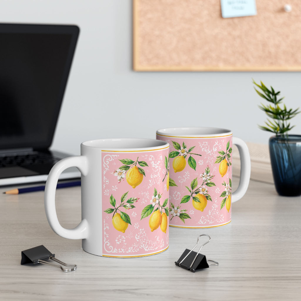 Little Italy Amalfi Pink with Lemon Mug 2 — Italian Mediterranean Pattern Coffee Cup (11oz)