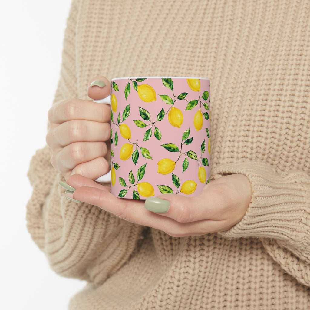 Little Italy Amalfi Pink with Lemon Mug 4— Italian Mediterranean Pattern Coffee Cup (11oz)