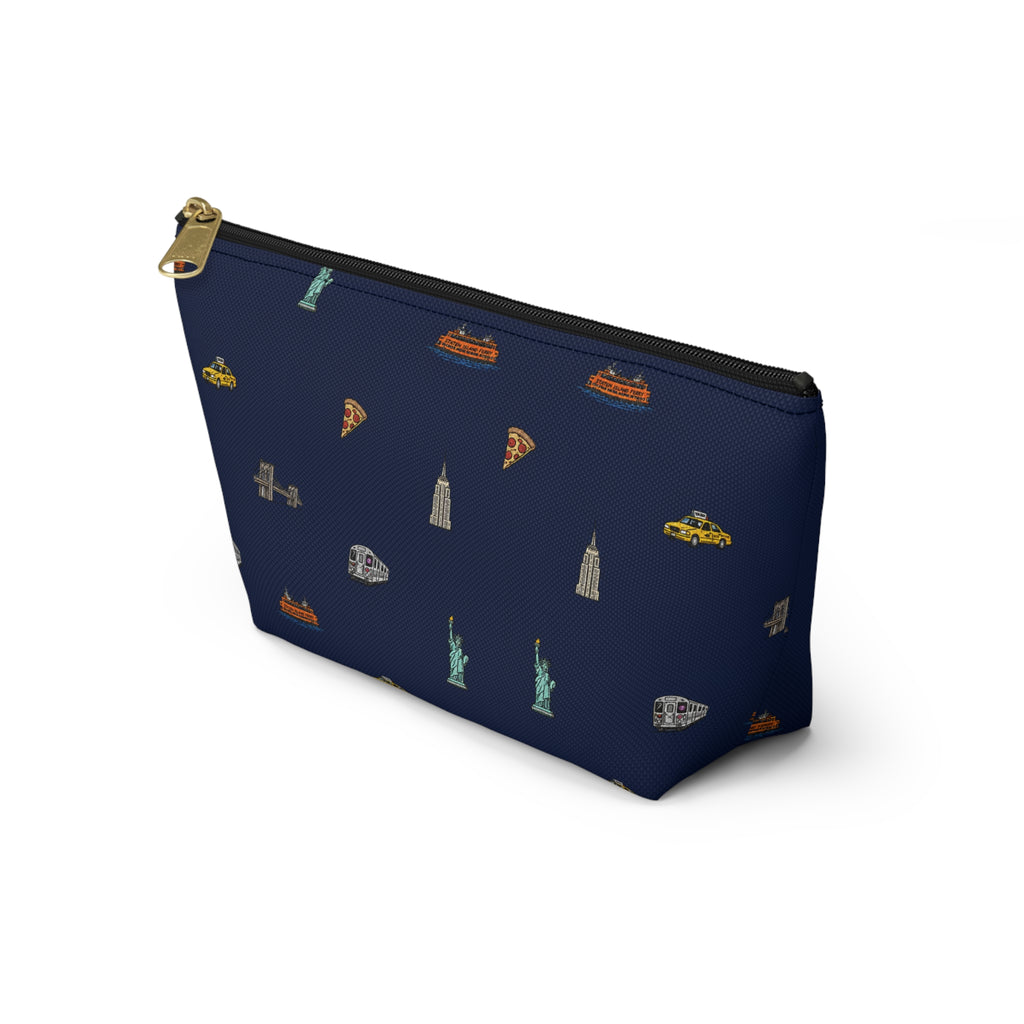Icons of New York City Navy Blue Accessory Pouch — T-Bottom Makeup Bag with Statue of Liberty, Taxi & Pizza Pattern