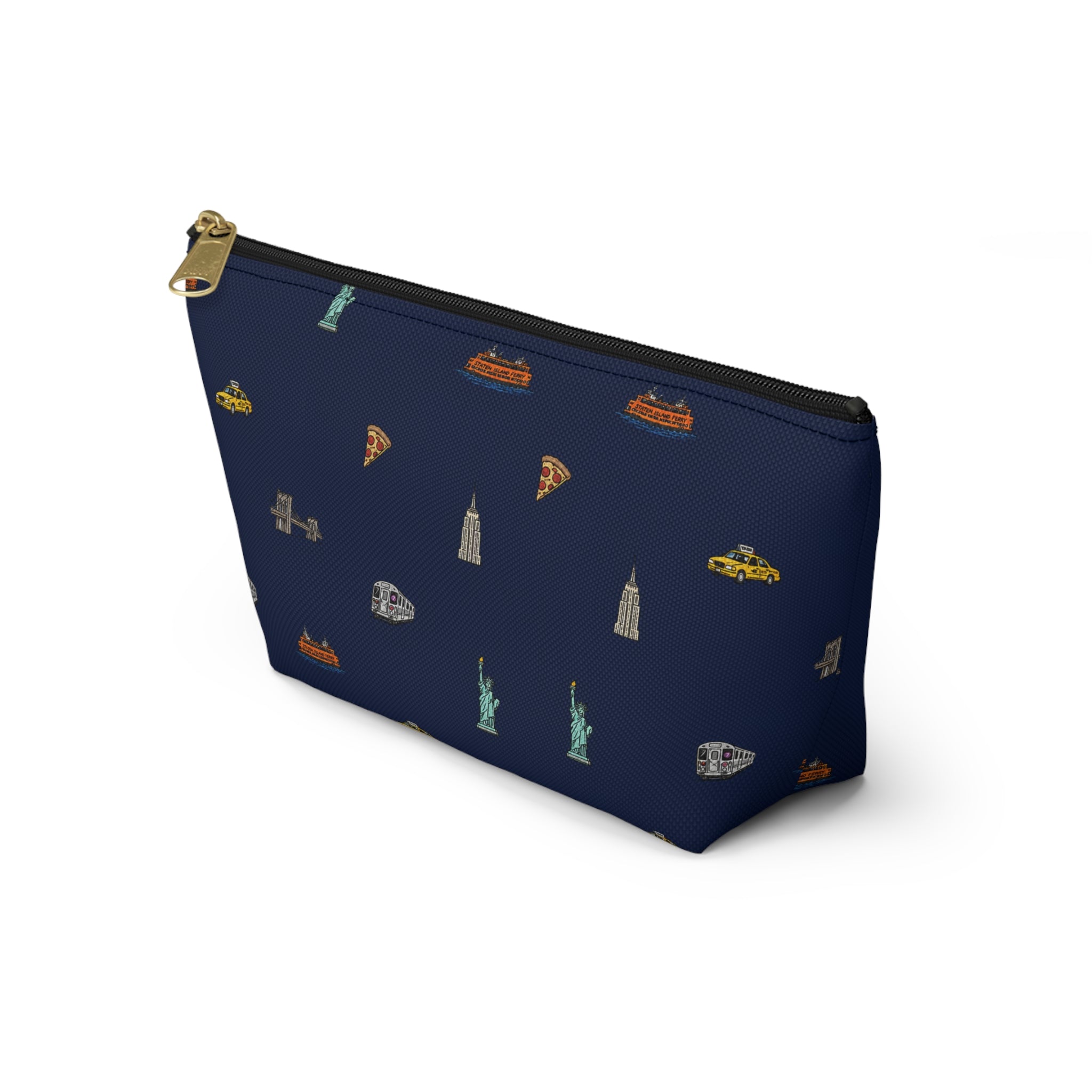 Icons of New York City Navy Blue Accessory Pouch — T-Bottom Makeup Bag with Statue of Liberty, Taxi & Pizza Pattern