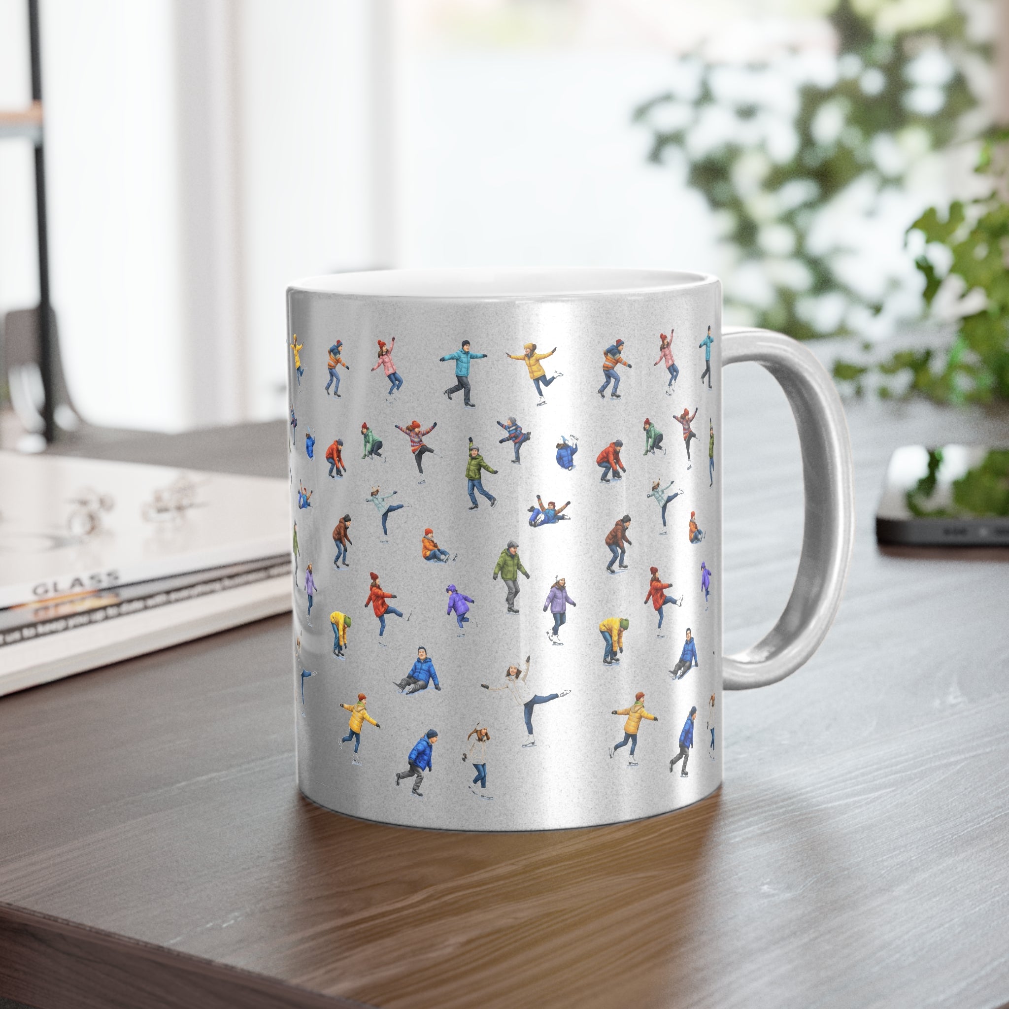 Ice Skaters on Ice Silver Metallic Mug | Winter Wonderland Hot Chocolate Coffee Sparkle Mug