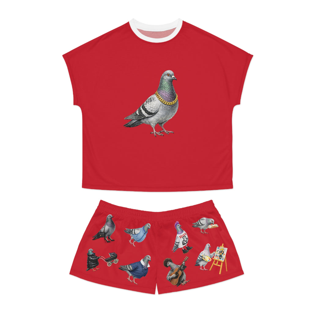 Red NYC Pigeons Pattern Short Pajama Set | New York City Bird Lovers PJs Cozy Sleepwear