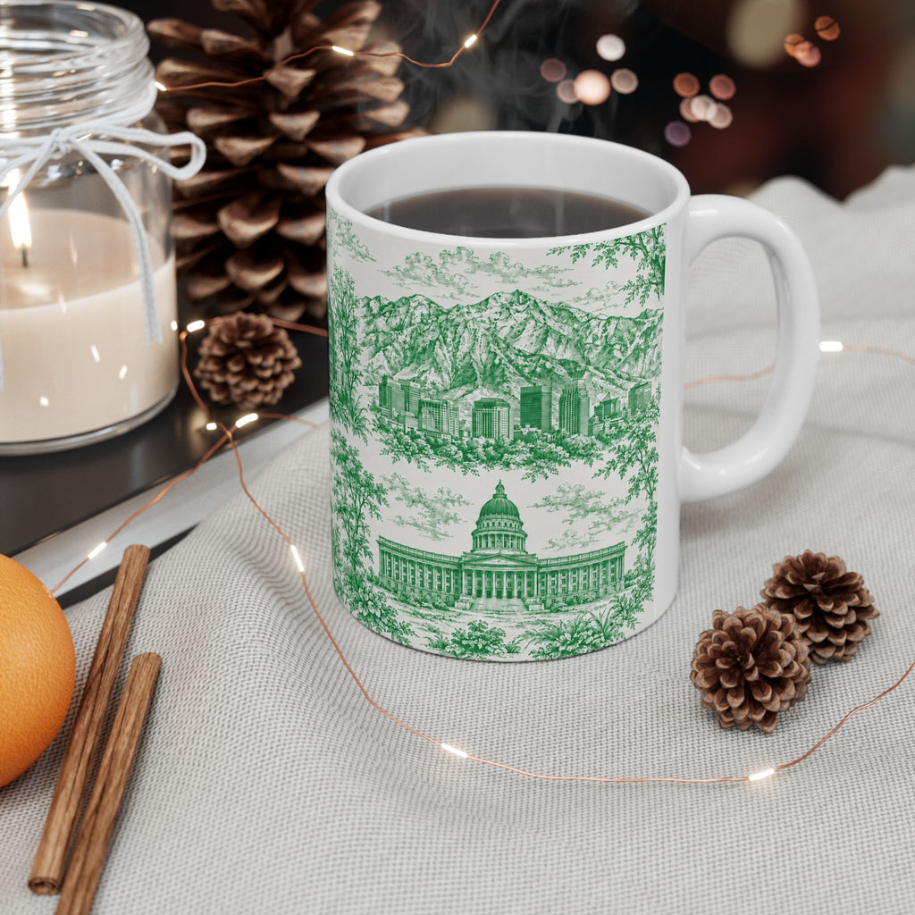 Salt Lake City Green Toile de Jouy Mug —  Ceramic Coffee Cup (11oz)