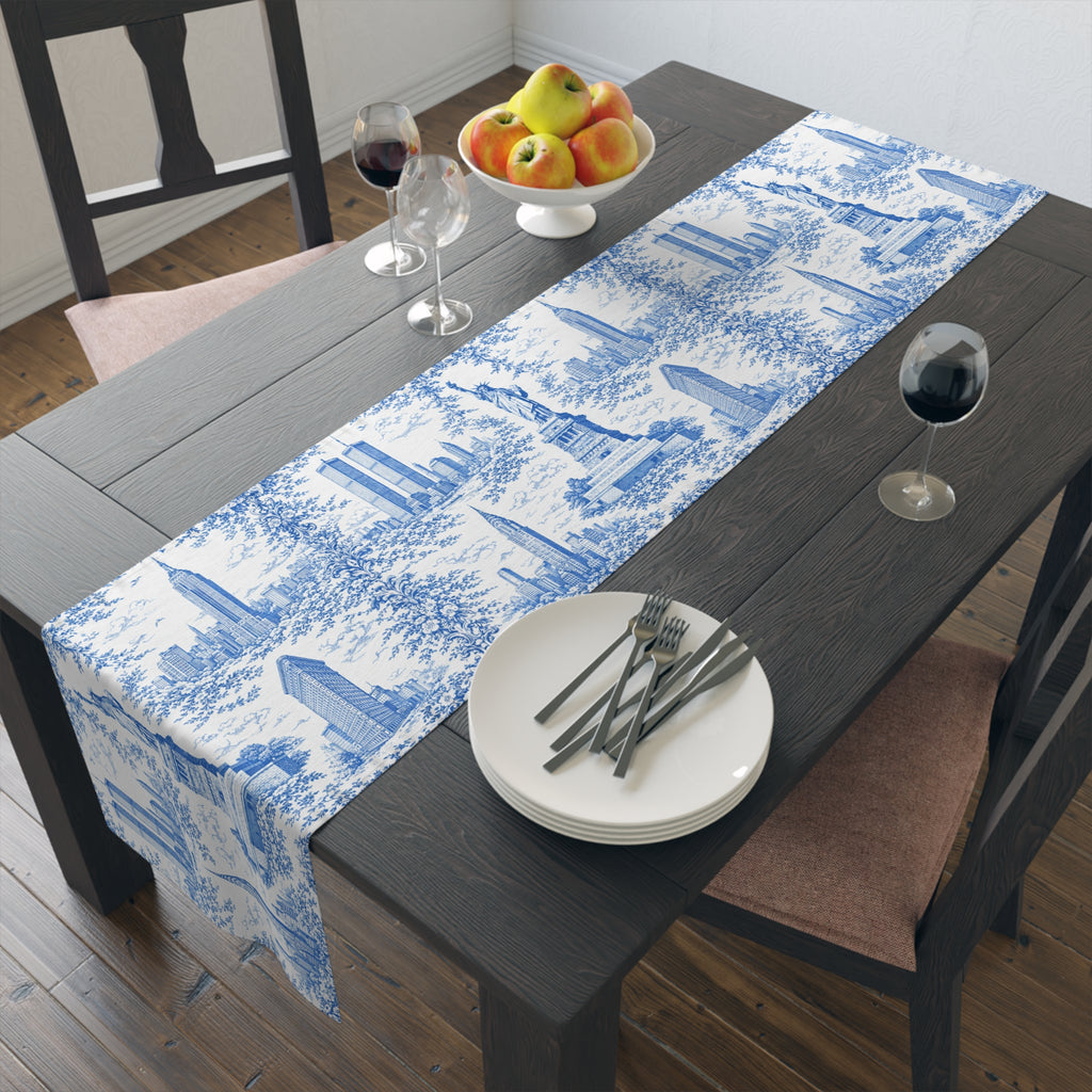 Blue Toile de Jouy New York City Cityscape Table Runner — Scenic NYC Chinoiserie Skyline Dining table Decor