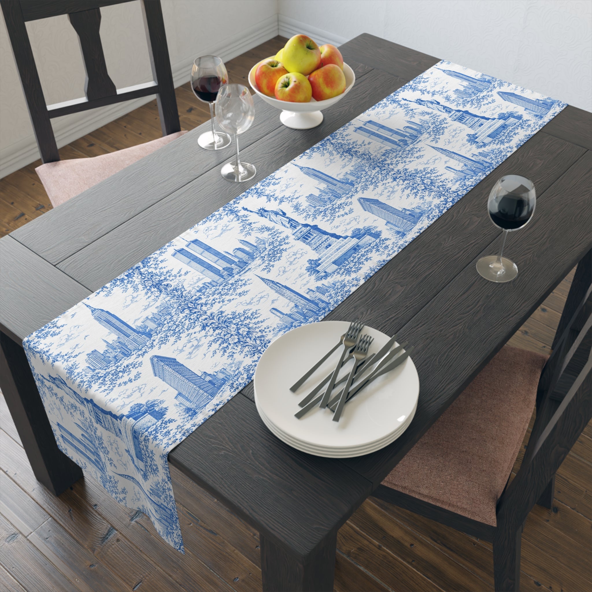 Blue Toile de Jouy New York City Cityscape Table Runner — Scenic NYC Chinoiserie Skyline Dining table Decor