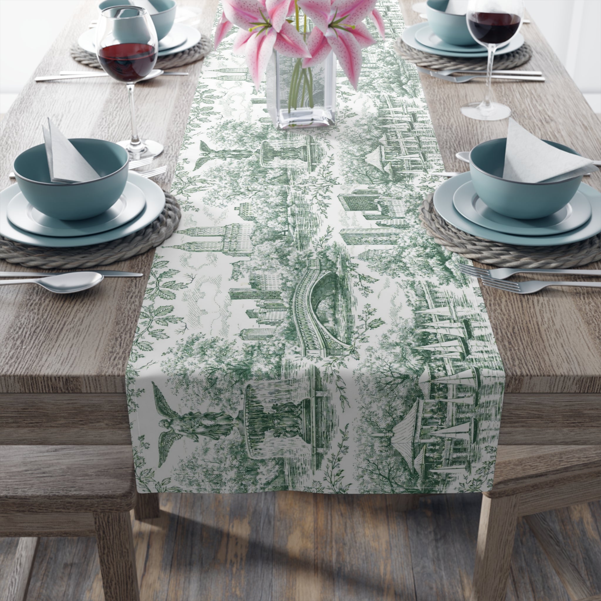 Central Park NYC Green Toile de Jouy Table Runner — New York Chinoiserie Dining Table Decor