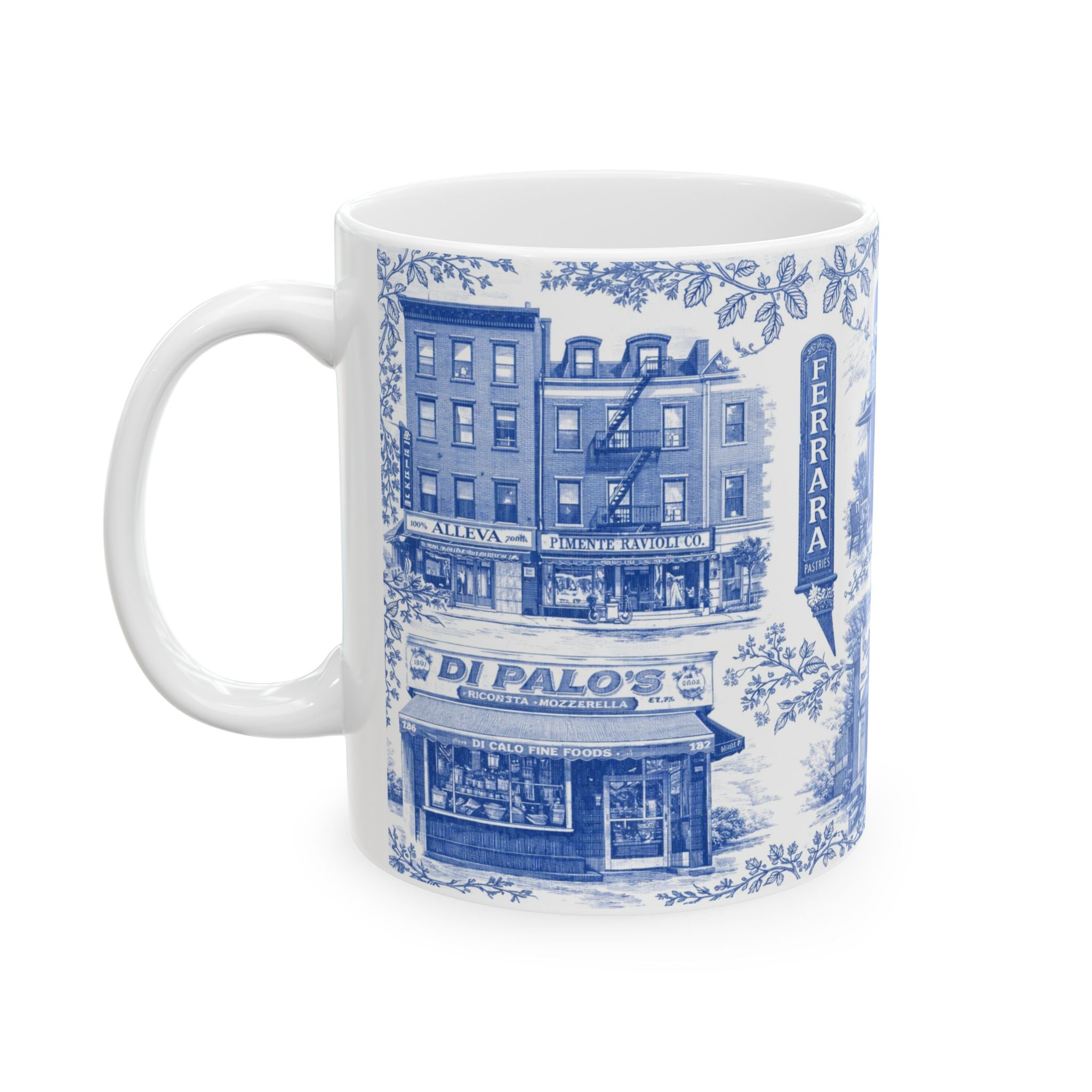 Little Italy Blue and White Toile Cityscape Mug | NYC Chinoiserie Ceramic Coffee Cup