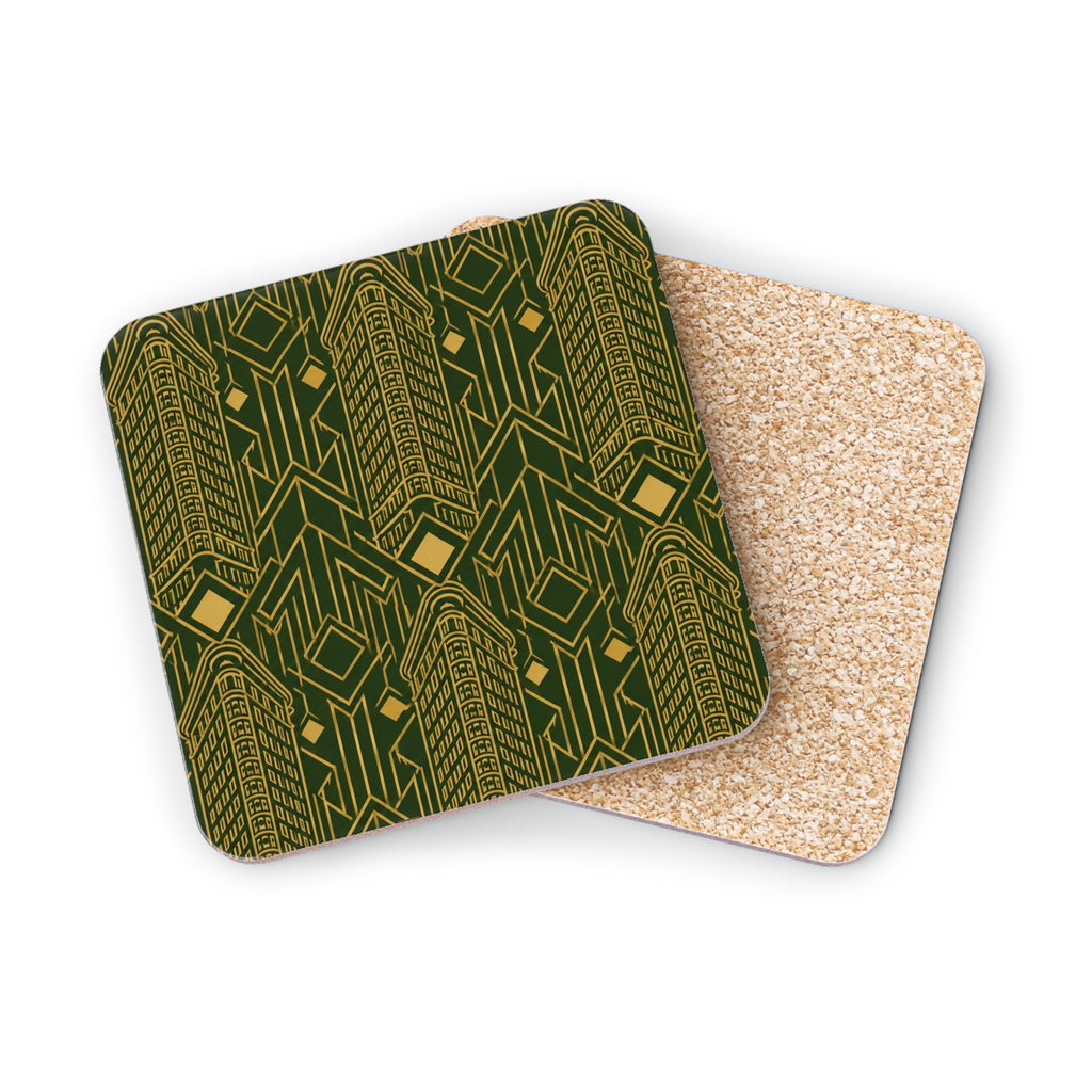 Art Deco Flatiron Building Gold & Green Cork Coaster Set — Geometric Cocktail Coasters Set of 4