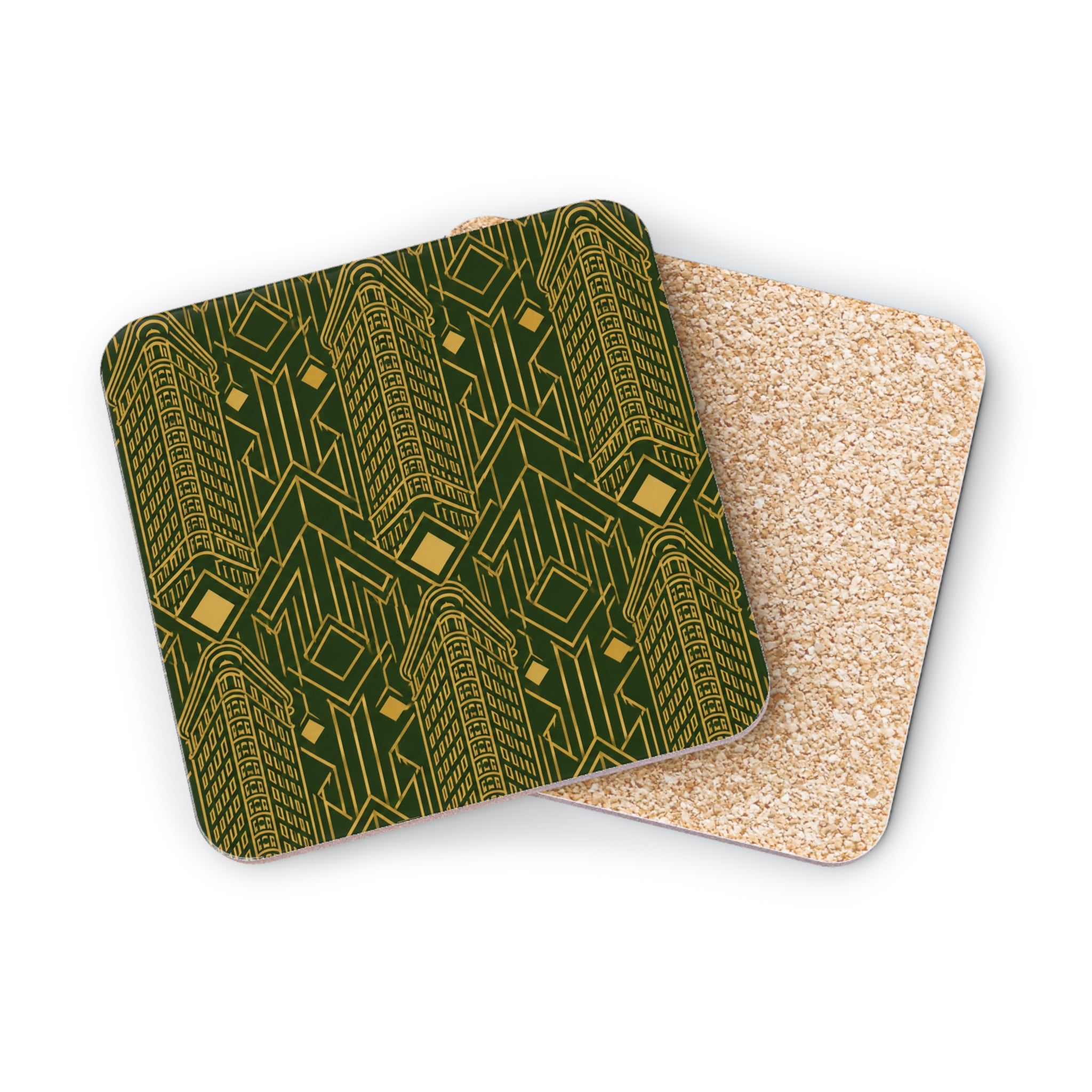 Art Deco Flatiron Building Gold & Green Cork Coaster Set — Geometric Cocktail Coasters Set of 4