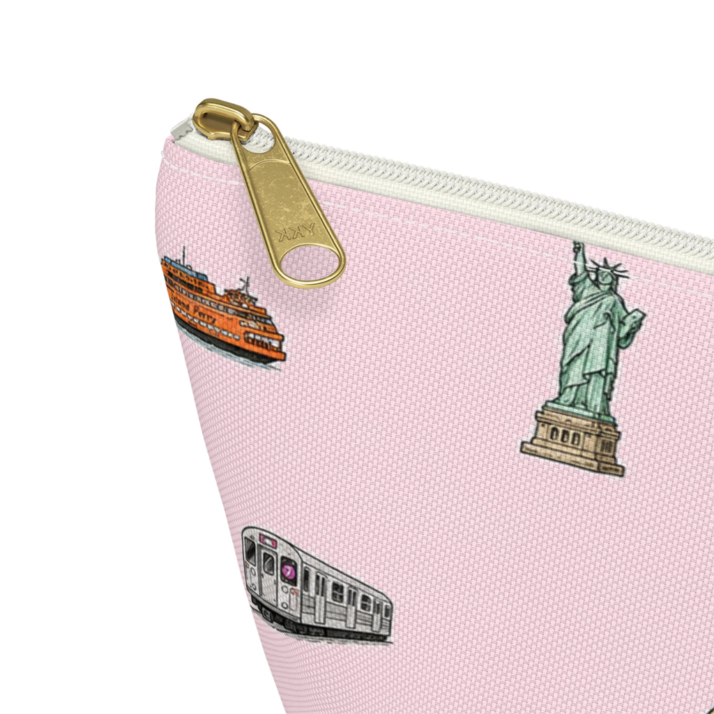 Icons of New York City Pink  Accessory Pouch — T-Bottom Makeup Bag with Statue of Liberty, Taxi & Pizza Pattern