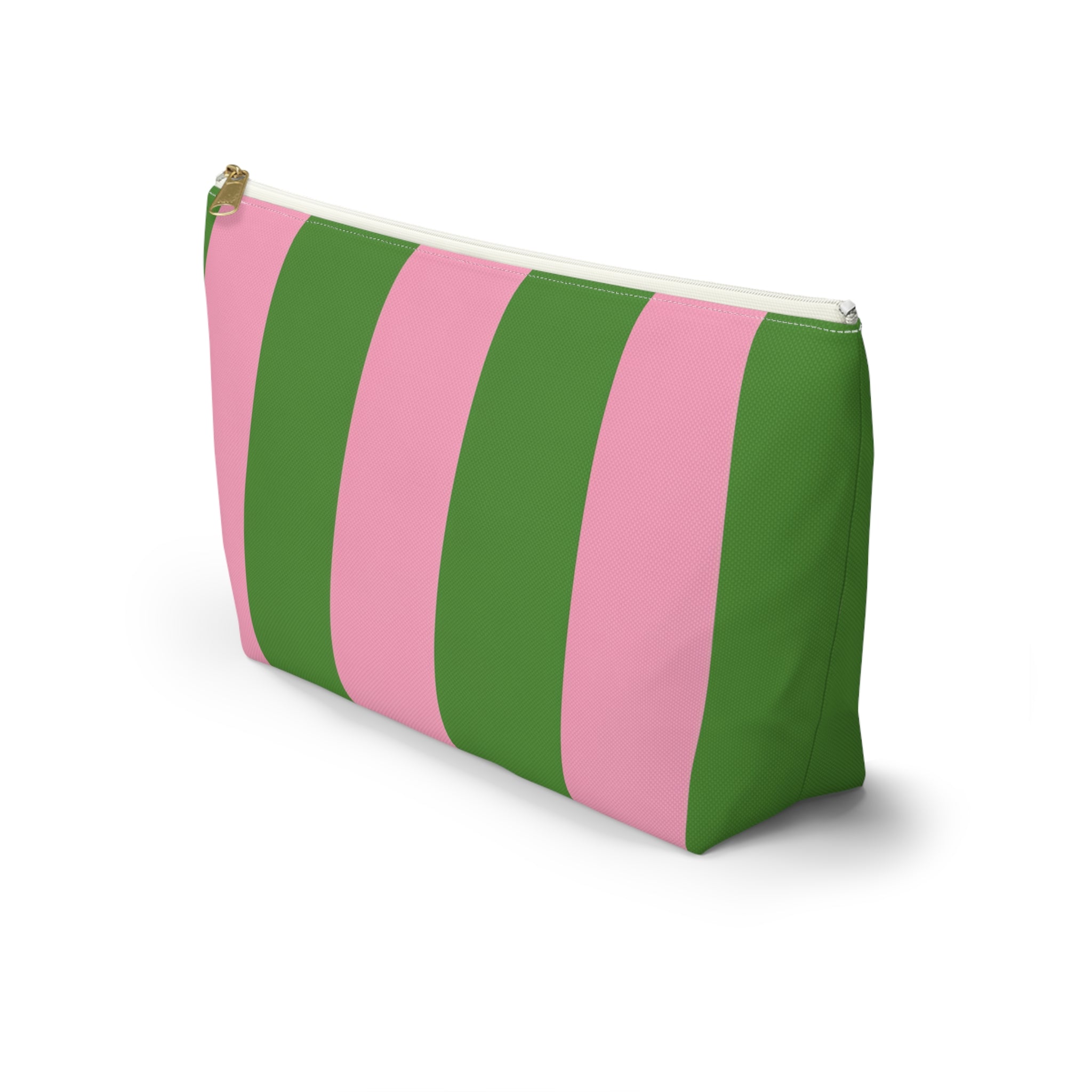 Customizable Striped Accessory Pouch — Pink & Green T-Bottom Makeup Bag