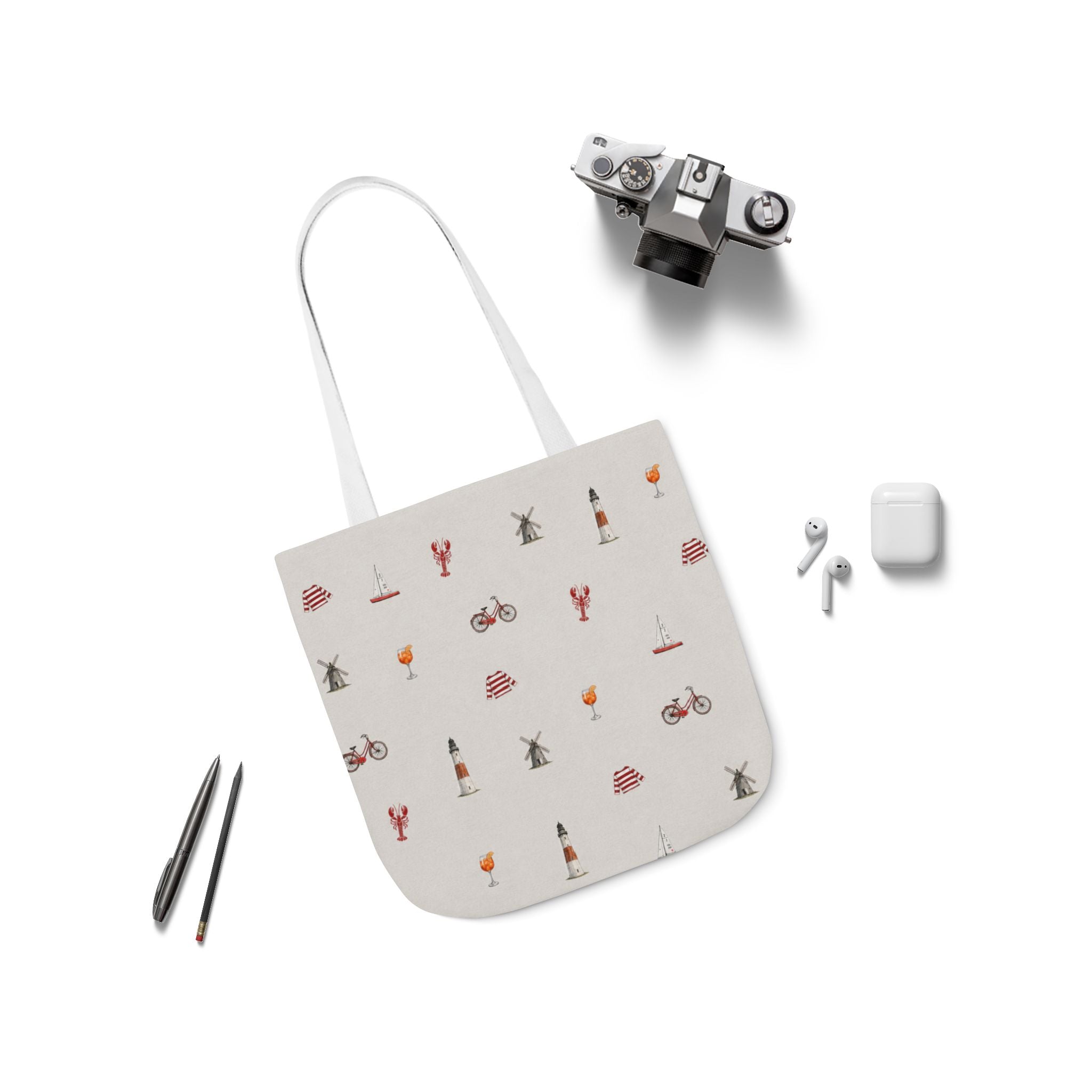 Icons of the Hamptons Heather Gray Canvas Tote — Lighthouse, Windmill, Lobster, Sailboat Icons