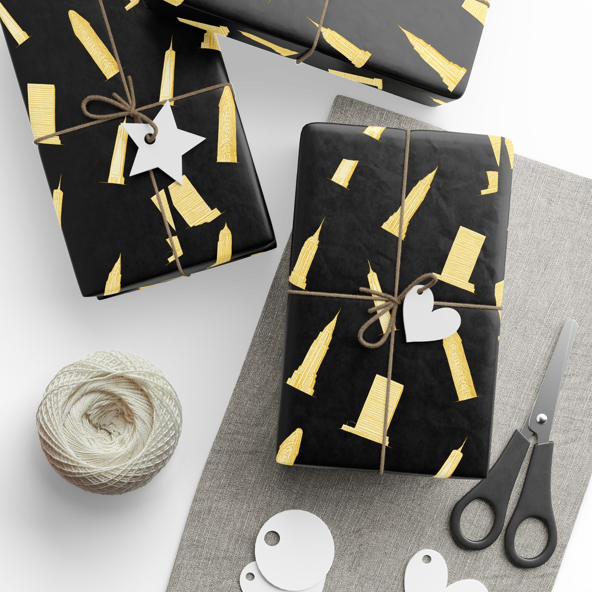 NYC Architecture Gold on Black Pattern Gift Wrap Paper | Iconic New York Buildings Empire State Chrysler Flatiron Wrapping Paper