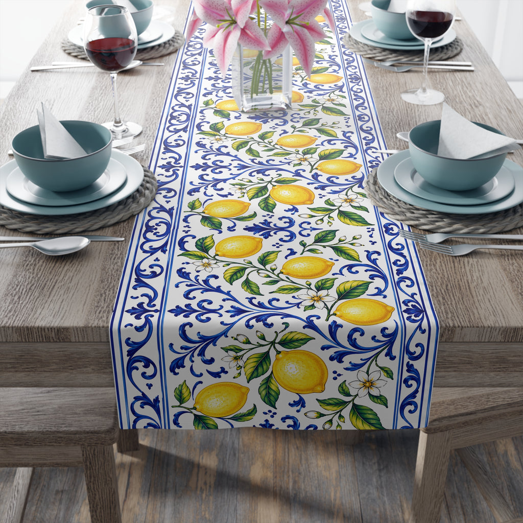 Little Italy Amalfi Blue and White with Lemon Table Runner – Mediterranean Blue & Yellow Dining Decor