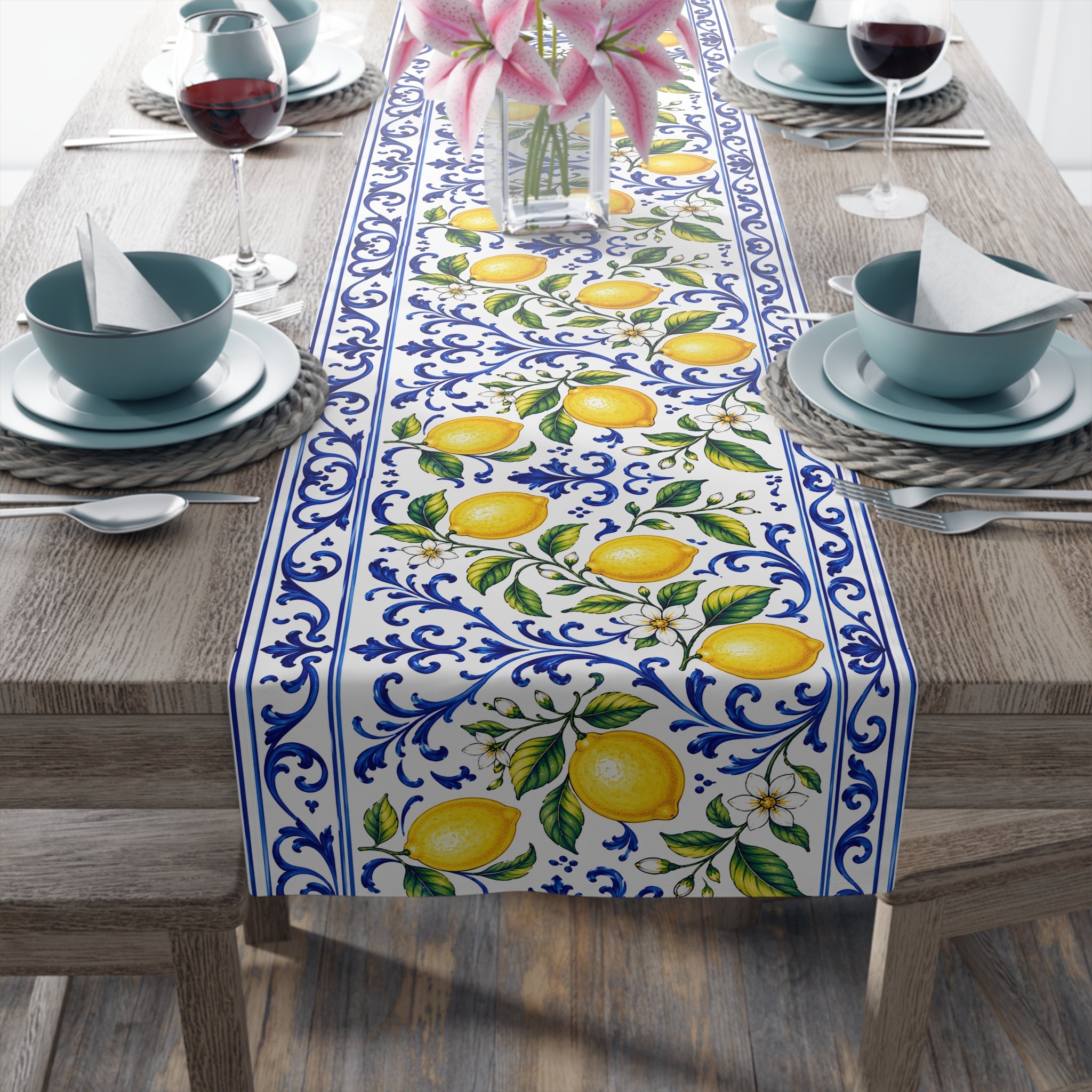Little Italy Amalfi Blue and White with Lemon Table Runner – Mediterranean Blue & Yellow Dining Decor