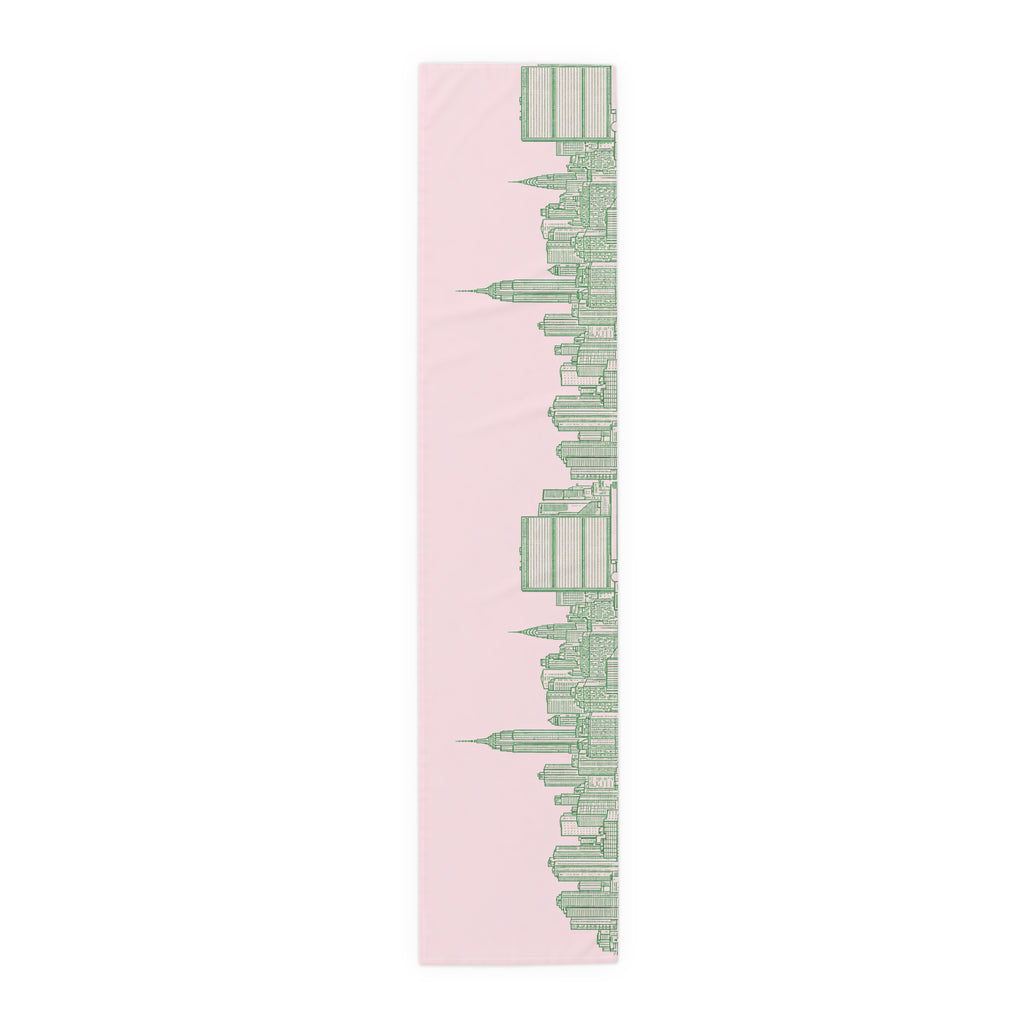 Pink & Green New York City Skyline Table Runner — NYC Manhattan Skyline Dining Table Decor