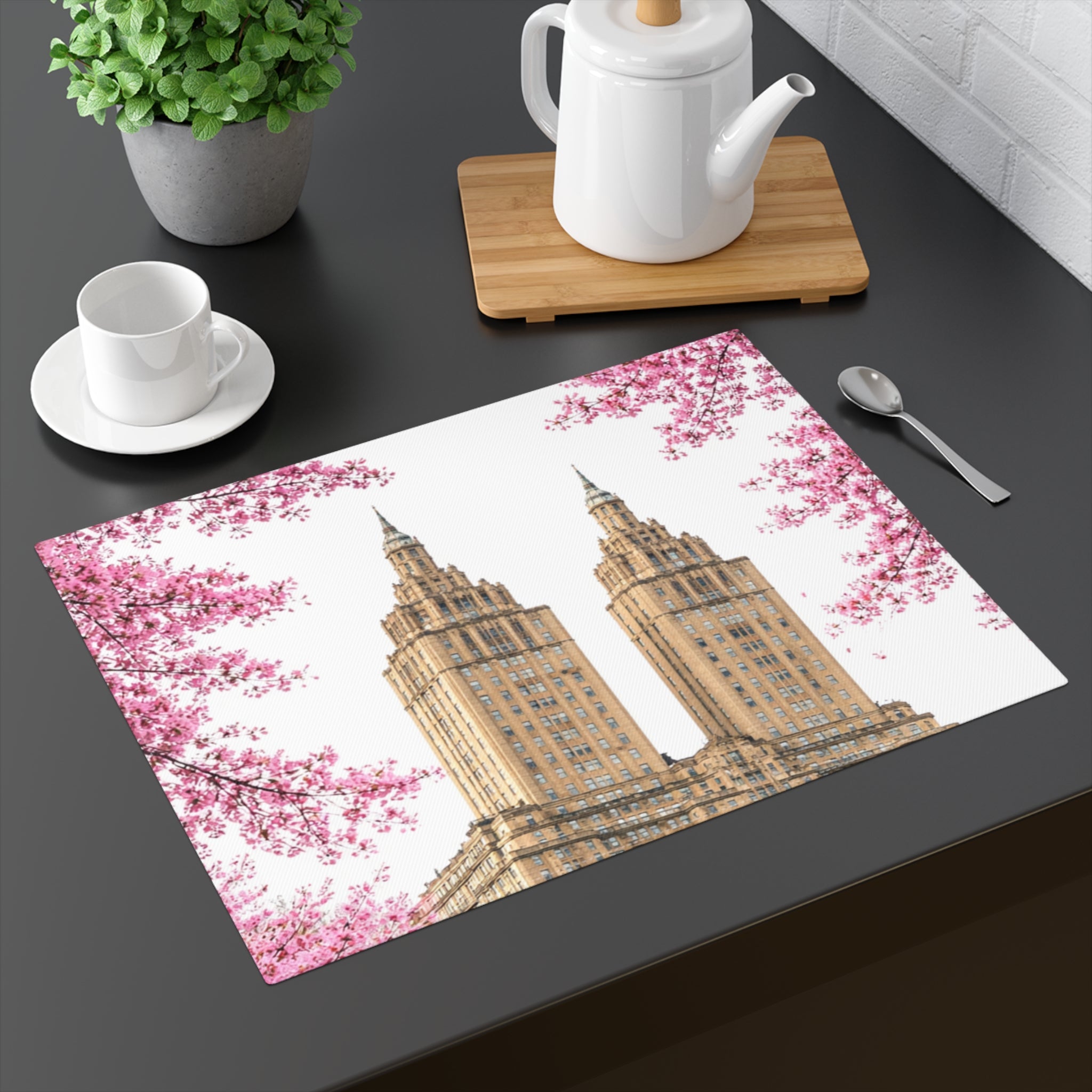 Cherry Blossoms Framing The San Remo Tabletop Placemat — NYC Central Park Floral Sakura Table Mat