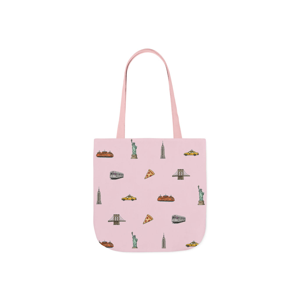 Icons of New York City Pink Canvas Tote — Statue of Liberty, Pizza & Taxi Pattern