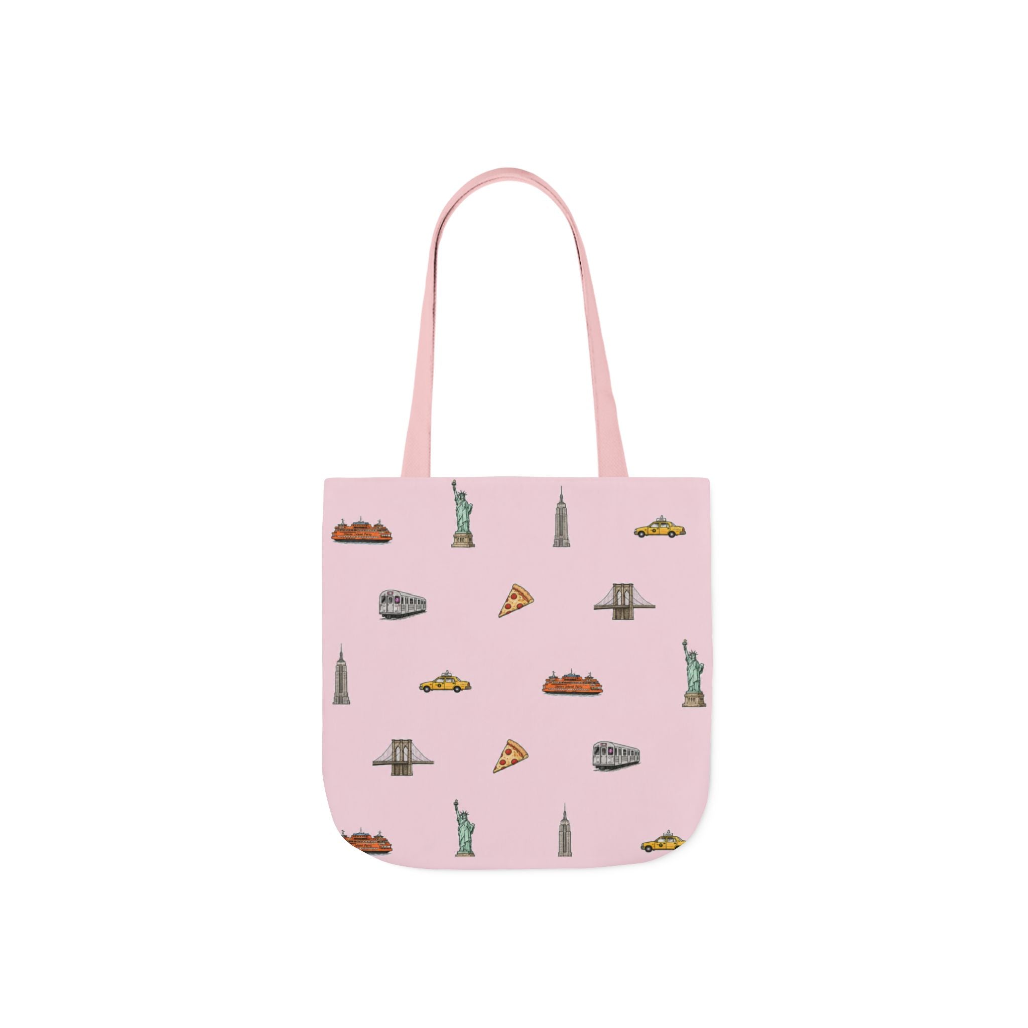 Icons of New York City Pink Canvas Tote — Statue of Liberty, Pizza & Taxi Pattern