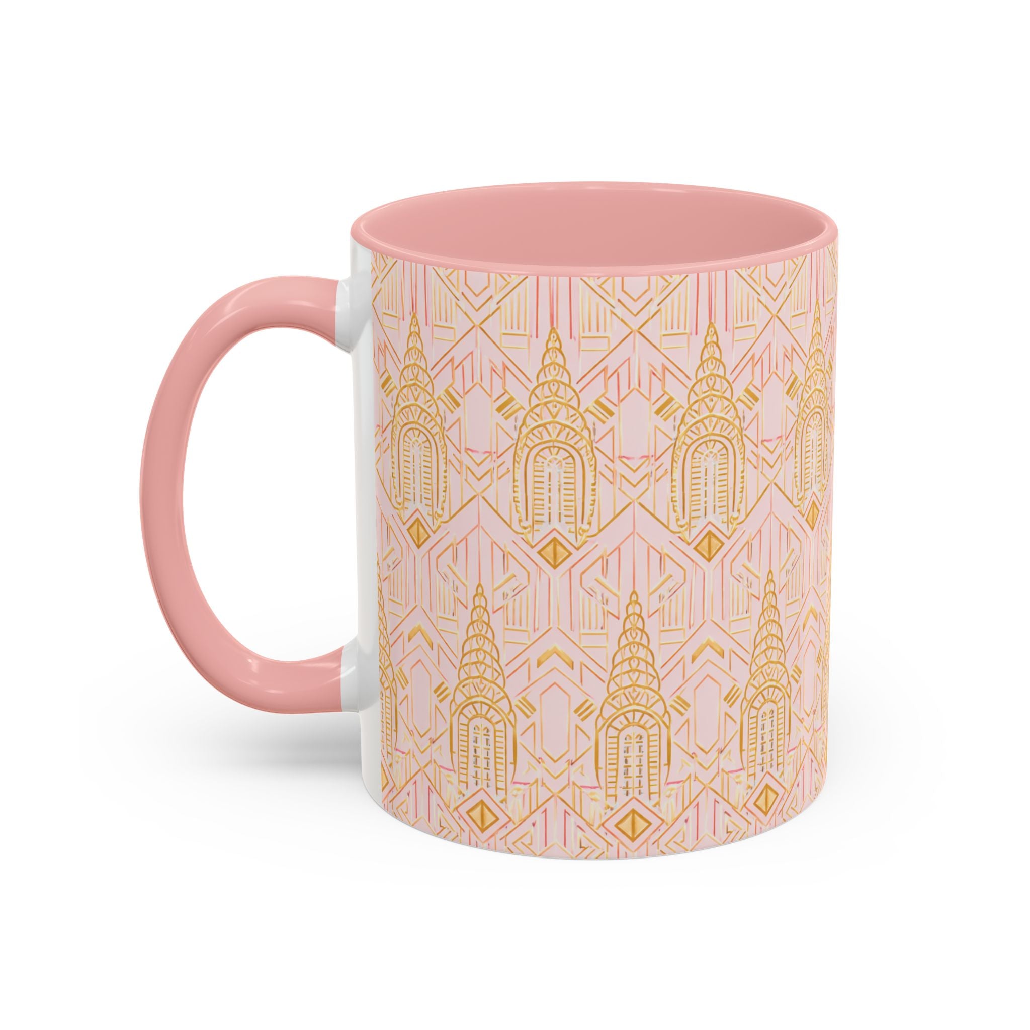 Art Deco Chrysler Building Pink & Gold Accent Coffee Mug — Manhattan Art Deco Pattern Mug 11 oz