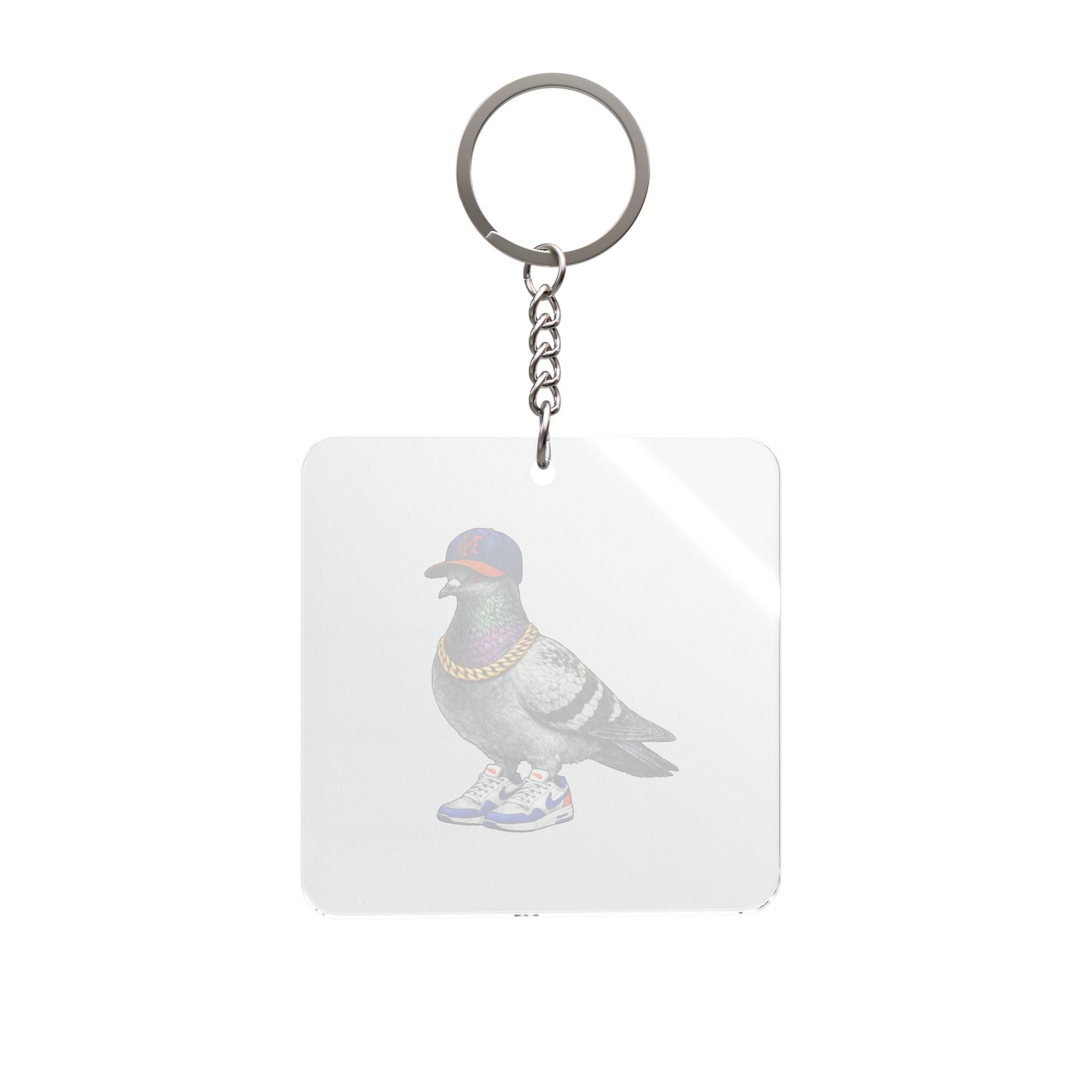 Customizable Queens NYC Pigeon Square Keychain |  Mets Baseball Fan Bird Lovers Keyring Gift
