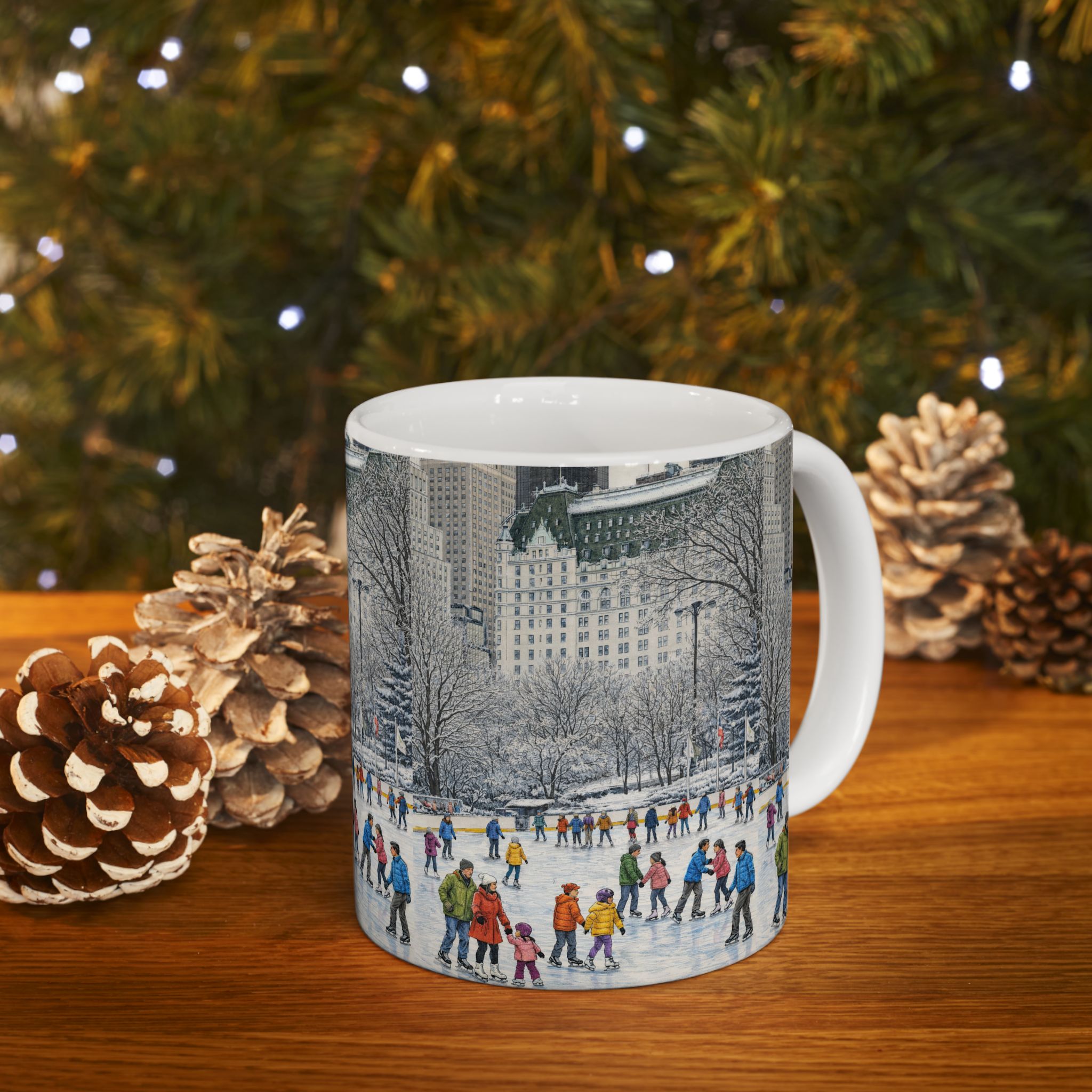 Central Park Wollman Rink Ice Skating Scene Mug | NYC The Plaza Winter Ceramic Coffee Cup