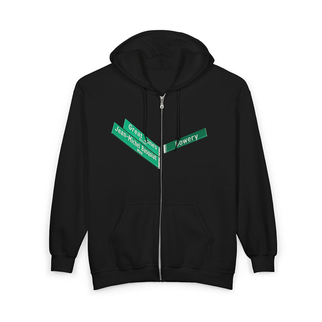 Lower East Side Street Sign Zip Up Hoodie   NYC East Village Basquiat Bowery  Hooded Sweatshirt