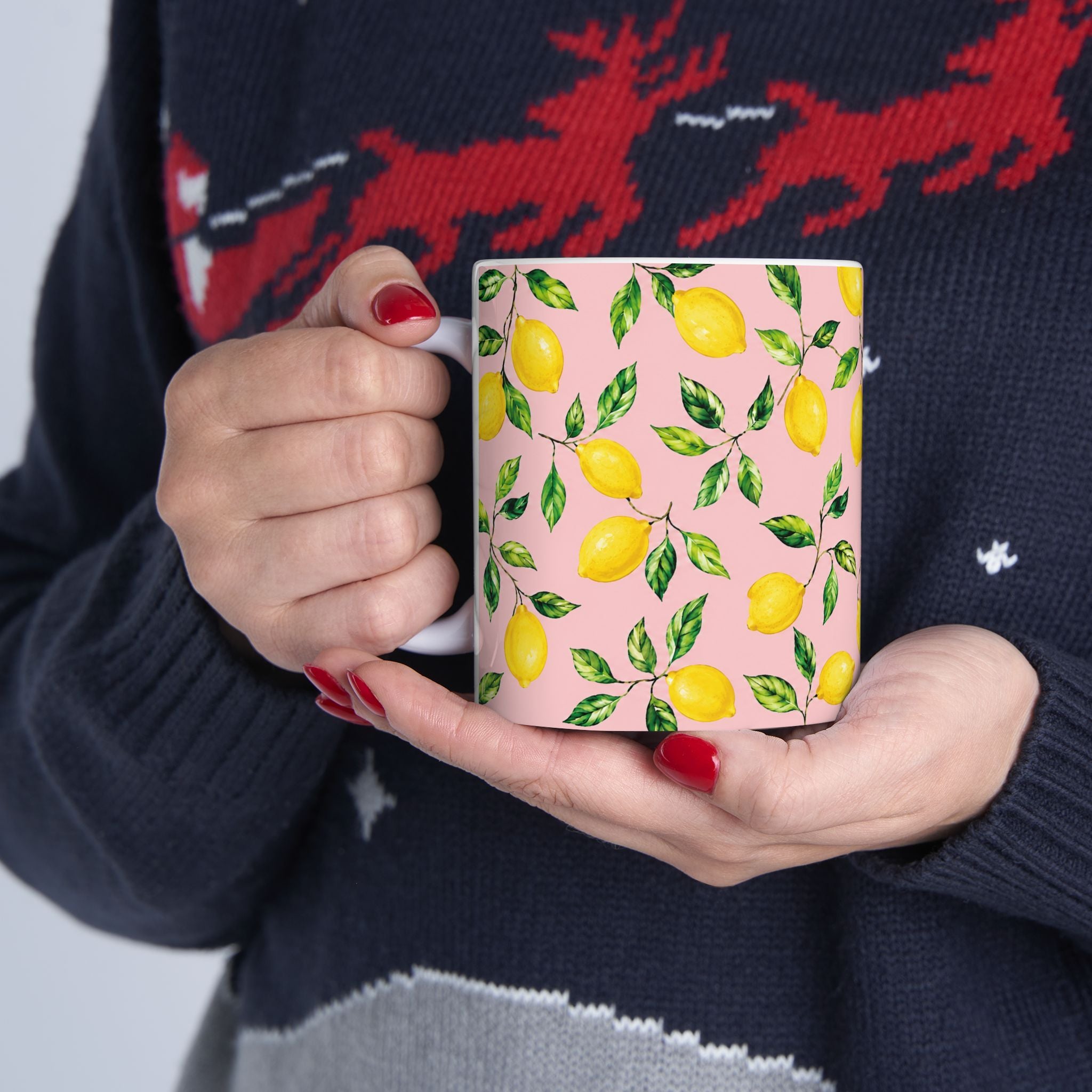 Little Italy Amalfi Pink with Lemon Mug 4— Italian Mediterranean Pattern Coffee Cup (11oz)