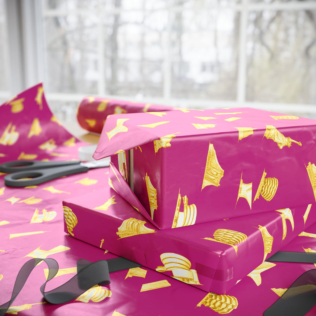 Gold NYC Landmarks on Pink Gift Wrap Paper | New York Statue of Liberty Oculus Vessel Brooklyn Bridge Guggenheim Wrapping Paper Roll