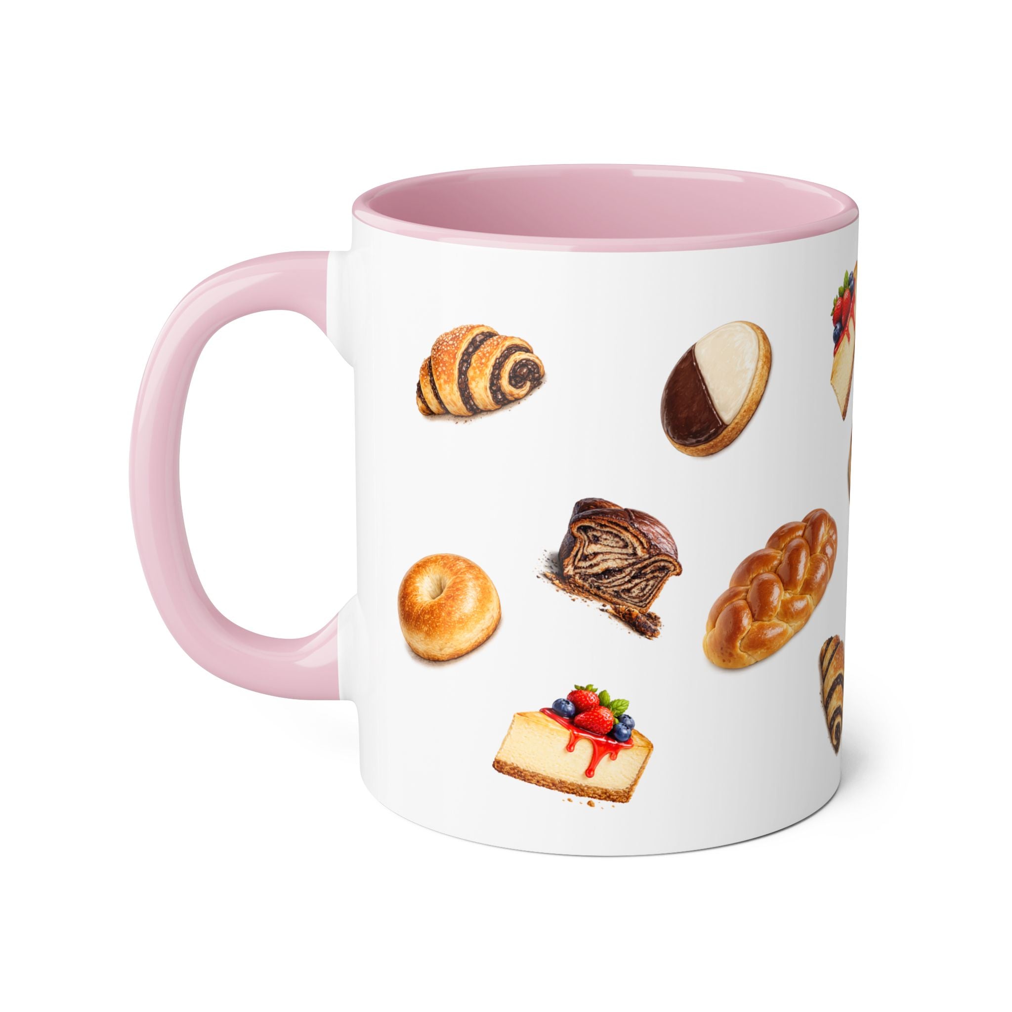 NYC Kosher Bakery Pattern Mug | Babka Cheesecake Rugelach Black + White Cookie Challah Bagel 11oz Ceramic Coffee Cup