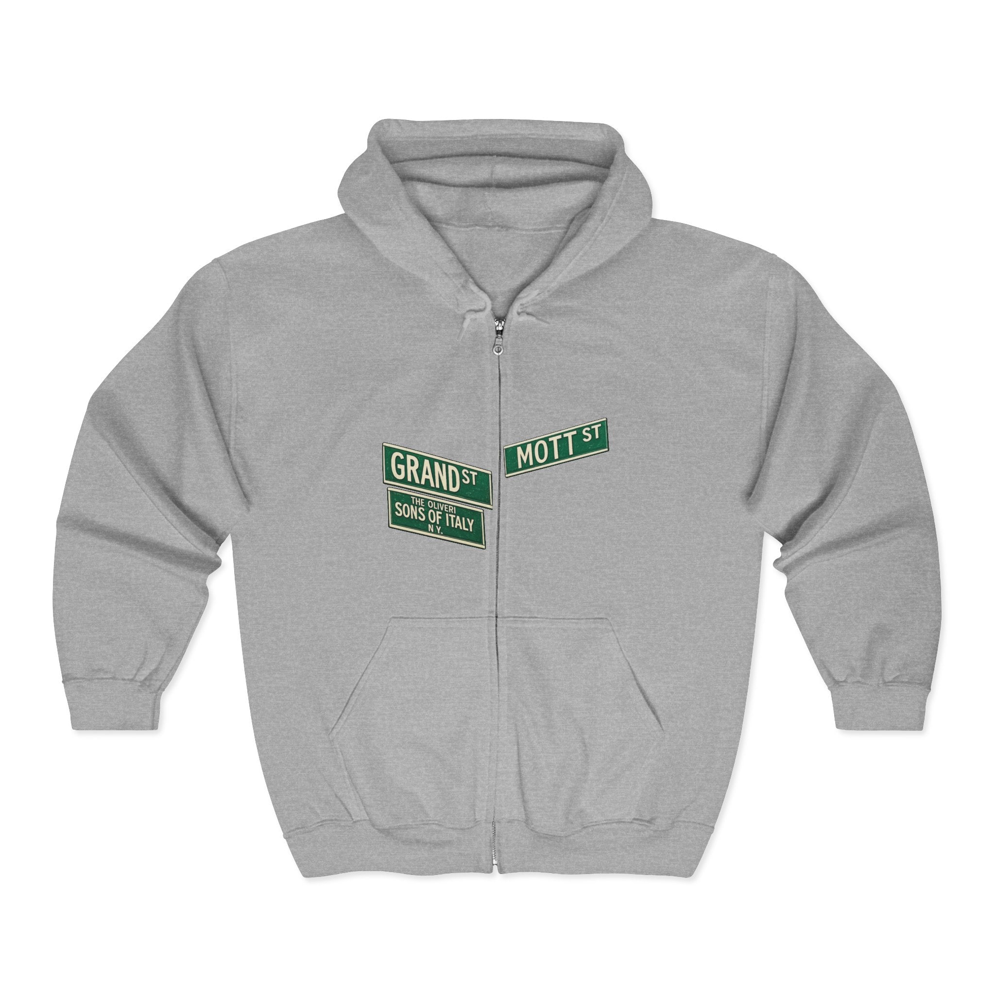 Little Italy Street Sign Zip up Hoodie | New York City Grand and Mott Sons of Italy Hooded Sweatshirt